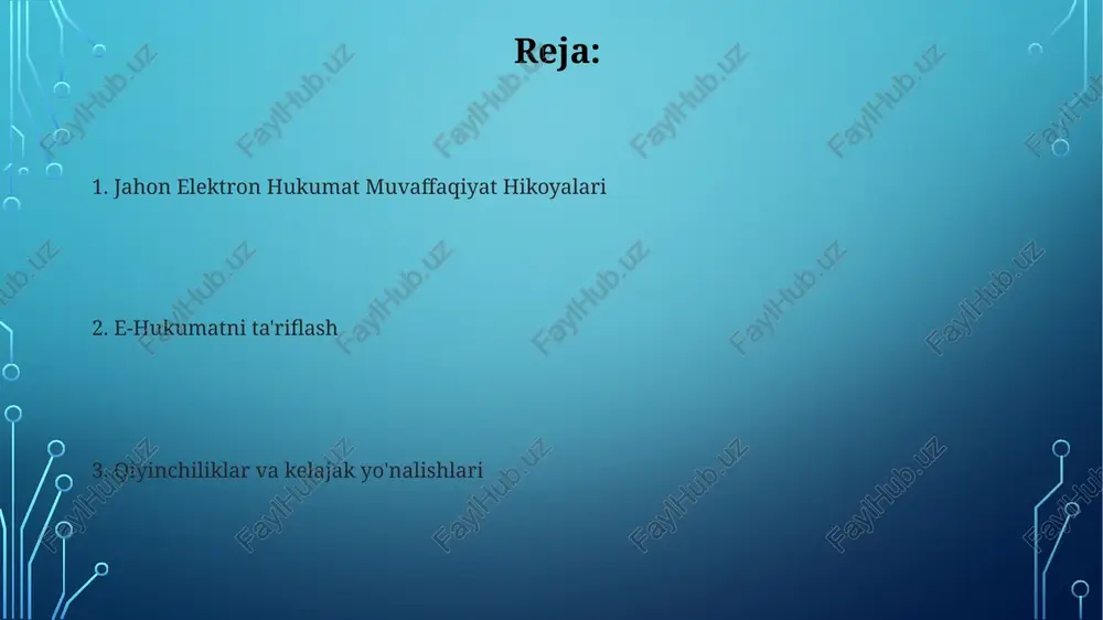 naltirilgan yondashuv. estoniya: raqamli identifikatsiya va xizmatlarning peshqadami, e-hukumatda yetakchi. elektron hukumat va iqtisodiy taraqqiyot muvaffaqiyatli elektron hukumat tashabbuslari kuchli siyosiy iroda, mustahkam infratuzilma va malakali kadrlarni talab qiladi. elektron hukumat samaradorlikni oshirish, korrupsiyani kamaytirish va fuqarolarning ishtirokini yaxshilashga hissa qo'shishi mumkinligini global tajribalar ko'rsatmoqda. elektron hukumatni ta'riflash asosiy muammolar qatoriga kirish imkoniyatini, xavfsizlikni va ma'lumotlar xavfsizligini ta'minlash, shu bilan birga fuqarolar ishtirokini va raqamli savodxonligini rivojlantirish kiradi. global tajriba e-hukumatni amalga oshirishda turli muvaffaqiyatlarni ko'rsatadi, bu raqamli infratuzilma, fuqarolarning ishonchi va davlatning salohiyati kabi omillar bilan bog'liq. elektron hukumat qabul qilishda jahon trendlari davlat xizmatlarining raqamlashtirish darajasining oshishi. mobil texnologiyalarning keng tarqalganligi elektron hukumatning kelajak yo'nalishlari yaxshilangan samaradorlik va qaror qabul qilish uchun ai va ma'lumotlar tahlili fuqaro markazli xizmatlar va shaxsiylashtirilgan tajribalar elektron hukumat va fuqaro istirokchiligida elektron hukumat fuqarolarning davlat xizmatlari va ma'lumotlarga kirish imkoniyatlarini oshiradi. global eng yaxshi amaliyotlar fuqarolar uchun elektron hukumatning o'zgaruvchan kuchini ko'rsatadi. …