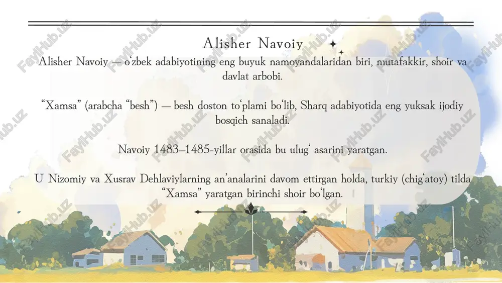 turkiy adabiyot tarixida yangi bosqich ochgan. navoiy “turkiy tilda ham buyuk asarlar yozish mumkin” degan fikrni isbotlagan. asar keyinchalik ko‘plab shoirlarga ilhom manbai bo‘lgan (bobur, mashrab, ogahiy va boshqalar). tarjima va tahlil ishlari orqali “xamsa” jahon adabiyoti doirasiga kirgan “xamsa”dagi g‘oyalar axloqiy poklik va adolat mehnat va ilm qadri ishq va sadoqat insonparvarlik va rahm-shafqat donishmandlik va davlatni to‘g‘ri boshqarish alisher navoiy uslubi va misollar 1. ramziy (allegorik) ifoda, tushuntirish: navoiy ko‘pincha ma’noni yashirin, ramz orqali beradi — qahramonlar, joylar yoki voqealar majoziy ma’noga ega.misol: “farhod va shirin” dostonida farhod — mehnatkash inson, shirin — mukammallik va ilohiy muhabbat ramzidir. farhod tosh qazib, shirin suv chiqaradi — bu inson mehnati bilan ruhiy tozalanishning timsolidir. 2. falsafiy-uslubiy chuqurlik. tushuntirish: navoiy hayot, ilm, ruh, va alloh bilan bog‘liq chuqur falsafiy fikrlarni she’riy obrazlar orqali ifodalaydi..misol: “hayrat ul-abror”da: “aql nurdir, jaholat esa zulmat.” bu yerda aql – ilohiy nur, jaholat esa insonni zulmatga …