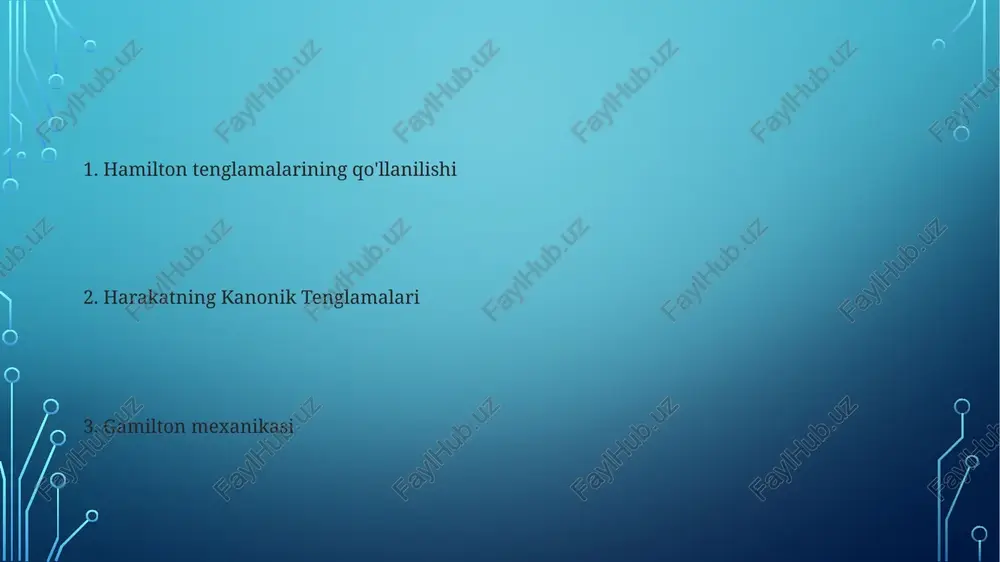 miqdorlarning vaqt hosilalarini hamilton bilan poisson qavslariga bog'laydi. hamilton tenglamalarining qo'llanilishi hamilton tenglamalarining qo'llanilishi: - klassik mexanika, kvant mexanikasi, optika va osmon mexanikasi. hamilton tenglamalari - klassik mexanika muammolarini hal qilish uchun kuchli ramka bo'lgan gamilton mexanikasining asosi. liuvily teoremasi liouvill teoremasi va hamilton tenglamalari: liouvill teoremasi hamilton tenglamalaridan kelib chiqadi va fazaviy bo'shliq hajmining saqlanishini kafolatlaydi. liuvily teoremasi: gamilton mexanikasida zarrachalar sistemasining fazaviy bo'shliqi hajmi vaqt o'tishi bilan o'zgarmaydi. harakat-burchak o'zgaruvchilari hamilton tenglamalari tizimning holati va impulsining vaqt o'tishi bilan o'zgarishini gamilton funksiyasi yordamida tasvirlaydi. harakat-burchak o'zgaruvchilari integral tizimlar uchun hamilton tenglamalarini soddalashtirish uchun ishlatiladigan kanonik o'zgarishdir. oddiy garmonik tebranish hamilton mexanikasida tizimning evolyutsiyasini tavsiflaydigan tenglamalar to'plami bo'lib, umumlashtirilgan koordinatalar va impulslarni vaqtga bog'laydi. oddiy garmonik ossillyator uchun hamilton tenglamalari tanish sinusoidal harakatni beradi. energiya saqlanish qonuni yopiq tizimda energiya doimiy. umumiy koordinatalar va impulslar yordamida tizim evolyutsiyasini tasvirlaydi. kanonik koordinatalar va impulslari hamilton tenglamalari kanonik koordinatalar va impulslar …