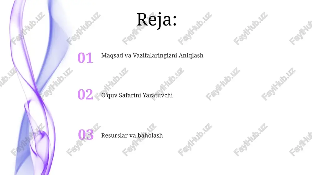 osqichlar, vaqt jadvallari va resurslarni rejalashtirish. amalga oshirish va ko'rib chiqish: rejani amalga oshirish, fikr-mulohazalarni to'plash va tuzatishlar kiritish. ehtiyojlarni baholash va tomoshabinlarni tahlil qilish qiziqarli kontent, mashg'ulotlar va baholashni yarating. maqsadlar, resurslar va vaqt jadvallarini belgilang. tinglovchilar ehtiyojlari va o'rganish usullarini aniqlash. e'tiboringiz uchun rahmat @taqdimot_robot image1.jpeg image2.jpeg image3.jpeg
