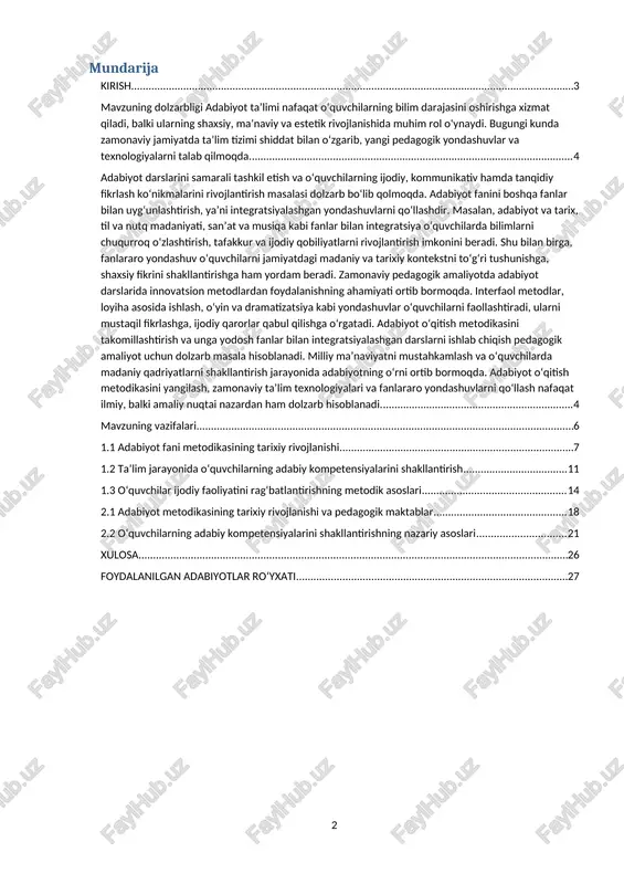 bo‘ladi.[footnoteref:1] pedagogik jihatdan, samarali metodik yondashuvlar o‘quvchilarning nutq madaniyati, lug‘at boyligi va yozma ifoda ko‘nikmalarini rivojlantiradi, ularni mustaqil fikrlashga o‘rgatadi. ma’naviy va estetik jihatdan adabiyot fani orqali o‘quvchilar insoniy qadriyatlarni anglaydi, hissiy dunyo va estetik didi shakllanadi. amaliy ahamiyati esa maktablarda darslarni samarali rejalashtirish, innovatsion metodlardan foydalanish va o‘quvchilar ijodini rag‘batlantirish bo‘yicha tavsiyalar ishlab chiqish bilan bog‘liqdir. shu sababli, adabiyot oʻqitish metodikasi va unga yodosh fanlar bilan integratsiya masalasi nafaqat ilmiy, balki amaliy nuqtai nazardan ham katta ahamiyatga ega. [1: abdukarimov, m. “adabiyot metodikasi va darslarda samarali yondashuvlar”, toshkent, 2018.] mavzuning dolzarbligi adabiyot ta’limi nafaqat o‘quvchilarning bilim darajasini oshirishga xizmat qiladi, balki ularning shaxsiy, ma’naviy va estetik rivojlanishida muhim rol o‘ynaydi. bugungi kunda zamonaviy jamiyatda ta’lim tizimi shiddat bilan o‘zgarib, yangi pedagogik yondashuvlar va texnologiyalarni talab qilmoqda. adabiyot darslarini samarali tashkil etish va o‘quvchilarning ijodiy, kommunikativ hamda tanqidiy fikrlash ko‘nikmalarini rivojlantirish masalasi dolzarb bo‘lib qolmoqda. adabiyot fanini boshqa fanlar bilan …