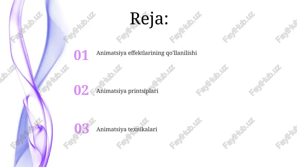 lliq va suyuq harakatlarga olib keladi. 3d animatsiya maydon chuqurligi: haqiqiy dunyodagi kamera linzalarini taqlid qiladi, masofadagi ob'ektlarni loyqalashtirib chuqurlik hissi yaratadi. yorug'lik va soyalar: yorug'lik va narsalar o'rtasidagi o'zaro ta'sirni simulyatsiya qilish orqali realizm va kayfiyatni yaratadi. animatsiya printsiplari qisqarish va cho'zilish: ob'ektning shaklini og'irligini, ta'sirini va energiyasini etkazish uchun bo'rtib ko'rsatish. sahna: kamera burchaklari va personajlarni joylashtirish orqali tomoshabinlarning e'tiborini sahnaning eng muhim elementiga qaratish. harakatli grafika harakatni loyqalash: harakatdagi ob'ektlarni loyqalash orqali tezlik illyuziyasini yaratadi. zarrachalar effektlari: portlashlar, tutun yoki boshqa tabiiy hodisalarni simulyatsiya qiladi. xarakter animatsiyasi 01 02 harakat loyqaligi: harakatlanuvchi ob'ektlarni loyqalashtirish orqali tezlik illyuziyasini yaratadi. maydon chuqurligi: haqiqiy kamera linzalarini taqlid qiladi, ba'zi elementlarga fokuslanadi va fonni loyqalashtiradi. sales 1st qtr 2nd qtr 100 0 sales 1st qtr 2nd qtr 100 0 e'tiboringiz uchun rahmat @taqdimot_robot image4.jpg image5.jpg image6.jpg image7.jpg image8.jpg image9.jpg image10.jpg image11.jpg image12.jpg image13.jpg image14.jpg image15.jpg image1.jpeg image2.jpeg image3.jpeg