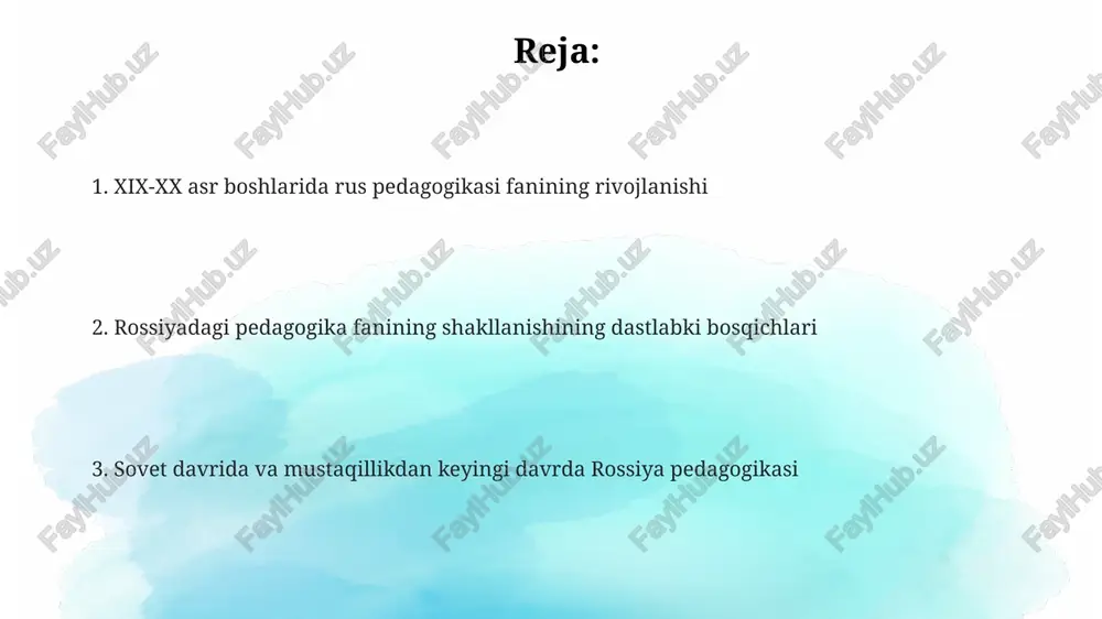 terfaol taʼlim uslublarining keng tarqalishini aks ettiradi. davlat taʼlim standartlari va oʻquv dasturlarining 5-7 yilda bir marta yangilanishi zamonaviy rossiya pedagogikasining doimiy rivojlanishini va mukammallashuvini koʻrsatadi. rossiya pedagogikasi fan sifatida 21-asrda shaxsga yoʻnaltirilgan yondashuv, inklyuziv taʼlim va kompetensiyaga asoslangan taʼlim kabi muhim tendentsiyalarni oʻzida mujassamlashtirgan. mustaqillik davrida pedagogika fani davlat taʼlim standartlari va milliy oʻquv dasturlarini ishlab chiqishda kompetensiyaviy yondashuv keng qoʻllanilib, taxminan 200 dan ortiq yangi oʻquv qoʻllanmalari yaratildi. mustaqillikdan keyingi davrda pedagogika fani oʻzbek tilida taʼlim berishga oʻtishga qaratilgan islohotlarni amalga oshirdi, bu 1990-yillardan boshlab maktab dasturlarining tubdan qayta koʻrib chiqilishiga olib keldi. pedagogika fanining rivojlanishiga 10 dan ortiq ilmiy-tadqiqot institutlari va universitetlar hissa qoʻshdi, ularning tadqiqotlari taʼlim tizimini takomillashtirishga qaratildi. pedagogika fani rivojining dastlabki bosqichlari 19-asr boshlarida, yangi davr g‘oyalari ta’siri ostida, 3 ta asosiy pedagogik yo‘nalish – ratsionalizm, senzualizm va idealizm shakllanib, ta’lim nazariyasini boyitgan. pedagogikada amaliy tajriba va nazariyaning uyg‘unlashuvi 19-asrning ikkinchi yarmida kuchayib, psixologiya …