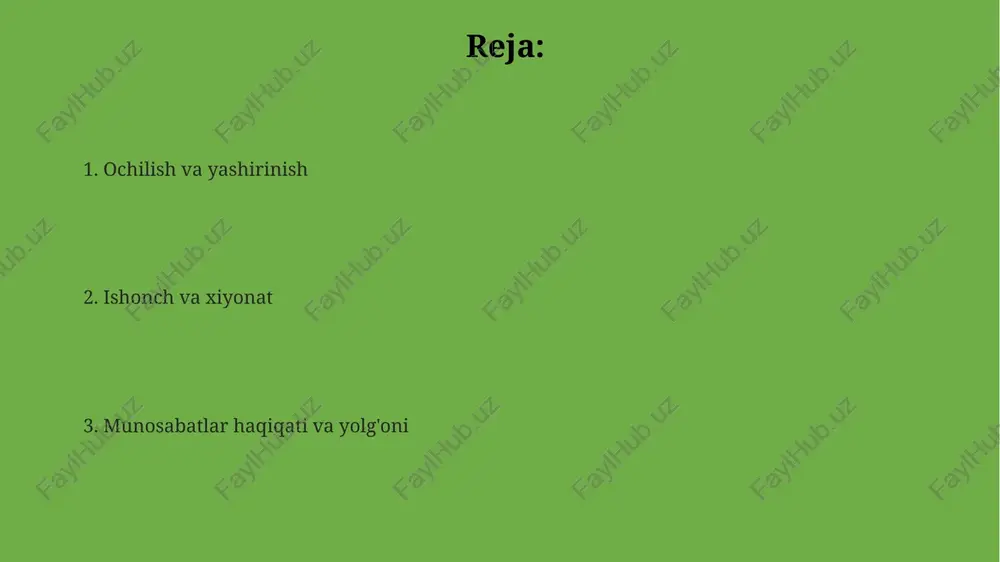 irib, konfliktlar sonini 30% ga pasaytiradi. noto'g'ri tushunchalar va yolg'onlar muloqot jarayonida 45% gacha kommunikativ shovqinlarni keltirib chiqaradi va munosabatlarning buzilishiga olib kelishi mumkin. sirlar va yashirinlik yashirinlikka asoslangan munosabatlar 2x ko'proq stress va tashvish keltirib chiqarishi mumkin, bu esa salomatlikka salbiy ta'sir ko'rsatadi, xususan, immunitet tizimiga. sirlar va yashirinlik munosabatlarda ishonchsizlikka olib kelishi mumkin, bu esa 70% dan ortiq munosabatlarning buzilishiga sabab bo'ladi. tadqiqotlar shuni ko'rsatadiki, ochiq muloqot muhim ahamiyatga ega. munosabatlardagi yashirinlik darajasi shaxslararo masofani belgilaydi va 3 ta asosiy yaqinlik bosqichi mavjud: sirlarni baham ko'rish, yarim sirlar va umumiy ma'lumotlar. aldanish va xiyonat oilaviy psixologlarning 70%i aldanish va xiyonat munosabatlarning asosiy yo'qolish sabablaridan biri ekanligini ta'kidlaydilar, bu esa ajralishga va qiyin qarorlarga olib keladi. aldanish va xiyonat munosabatlardagi ishonchsizlik darajasini 20-30% ga oshirishi, natijada munosabatlarning buzilishiga olib kelishi mumkin, bu esa psixologik travmalarga olib keladi. xiyonat qilishning 5 ta asosiy turi mavjud bo'lib, ularning har biri munosabatlarga …