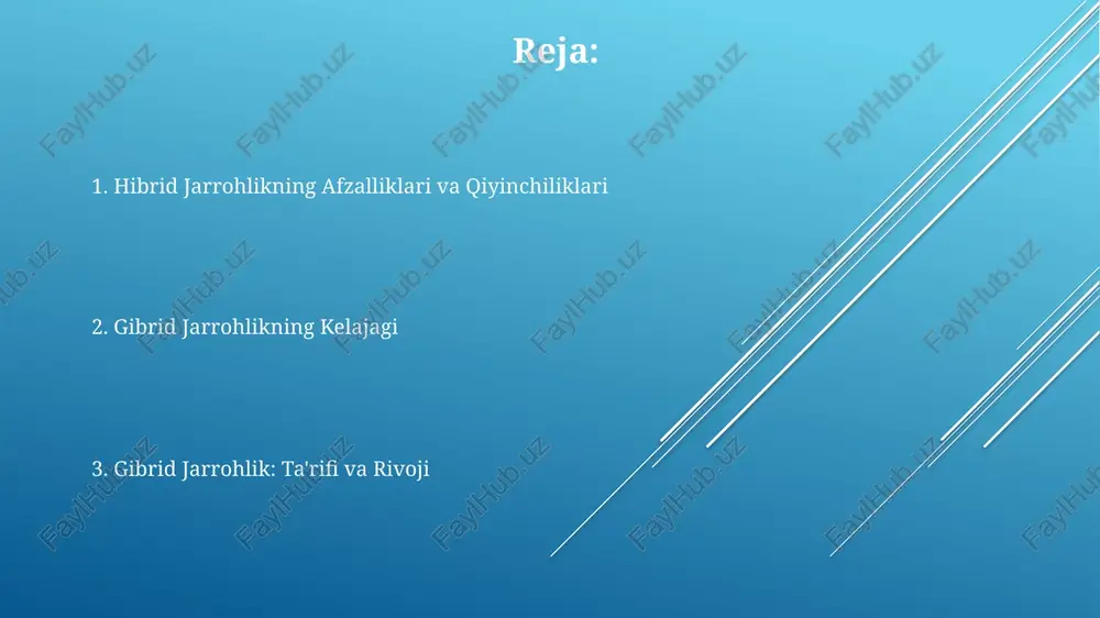 alari va alternativalarini aniq tushunish. ma'lumotlar xavfsizligi va maxfiyligi: bemor ma'lumotlarini himoya qilish va tadqiqot va rivojlanish uchun ma'lumotlarni mas'uliyatli foydalanishni ta'minlash. gibrid jarrohlikka kirish misol uchun, robot yordamida laparoskopik jarrohlik va notes (tabiiy teshik translyuminal endoskopik jarrohlik) kabi texnikalar. gibrid jarrohliklar minimal invaziv va an'anaviy ochiq texnikalarni birlashtiradi. bu yondashuv ikki usulning ham afzalliklaridan foydalanishga qaratilgan bo'lib, kichik kesmalar va tezroq tiklanish kabi imtiyozlarni taqdim etadi. gibrid jarrohlikdagi asosiy texnologiyalar aniqlikni oshirish, asoratlarni kamaytirish, tiklanish vaqtini tezlashtirish. robotika, tasvirga yo'naltirilgan navigatsiya va kengaytirilgan haqiqat kam invaziv texnikalar, takomillashtirilgan vizualizatsiya, shaxsiylashtirilgan rejalashtirish hibrid jarrohlik turlari robot yordamida minimal invaziv jarrohlik (mis): mis texnikasini robot tizimlari bilan birlashtirib, yuqori aniqlik va minimal invaziv protseduralarni ta'minlaydi. laparoskopik va ochiq jarrohlik usullari: murakkab holatlar uchun minimal invaziv laparoskopik usullarni ochiq jarrohlik bilan birlashtiradi. rasm-yordamli jarrohlik: jarrohlik amaliyotlarini boshqarish uchun kt yoki mri kabi ilg'or tasvirlash texnologiyalaridan foydalanadi, bu aniqlikni oshiradi va asoratlarni kamaytiradi. …
