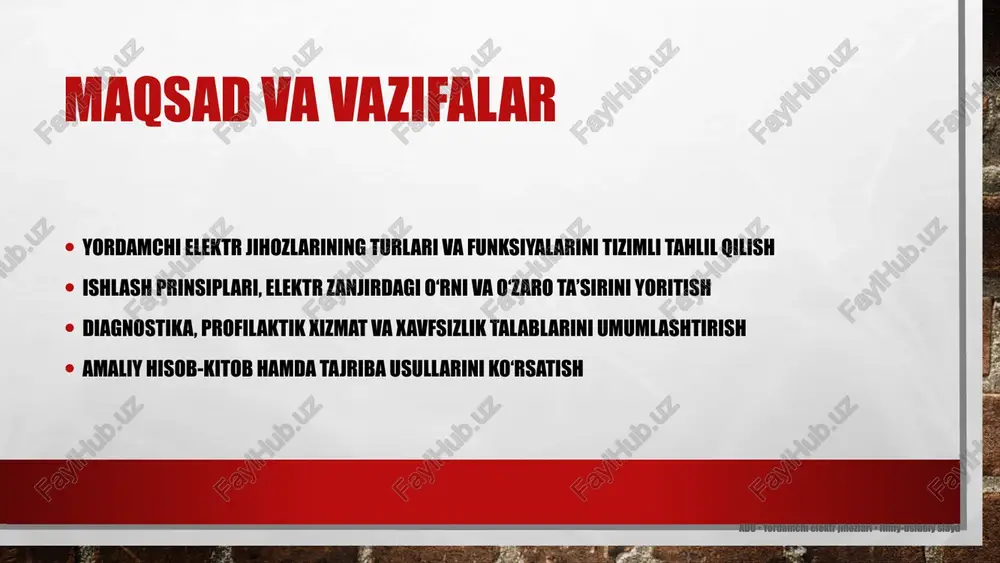 mator yo‘qotishlar: mis yo‘qotishi, temir yo‘qotishi, bo‘sh yurish oqimi sovutish: tabiiy havo, moy, majburiy ventilyatsiya adu • yordamchi elektr jihozlari • ilmiy-uslubiy slayd kuchlanish stabilizatorlari va ups stabilizatsiya usullari: relali, servo, elektron (triak/igbt) yechimlar ups turlari: off-line, line-interactive, on-line (double conversion) parametrlar: quvvat (va/w), o‘tish vaqti, thd, akkumulyator resursi qo‘llanish: kompyuter sinfi, laboratoriya, server xonasi adu • yordamchi elektr jihozlari • ilmiy-uslubiy slayd boshqaruvchi va ijrochi jihozlar rele • kontaktor • ishga tushirgich • invertor adu • yordamchi elektr jihozlari • ilmiy-uslubiy slayd rele va kontaktorlar elektromexanik rele: o‘ram – yadro – yakor – kontaktlar kinematikasi kontaktor: yuqori toklar uchun kontakt juftlari, yoy so‘ndiruvchi kameralar gisterezis va kechikish: boshqaruv zanjirining barqarorligi qo‘llanish: ishga tushirish, blokirovka, yulduz–uchburchak kommutatsiya adu • yordamchi elektr jihozlari • ilmiy-uslubiy slayd magnit ishga tushirgich va yumshoq ishga tushirish dvigatelni ishga tushirish: to‘g‘ridan-to‘g‘ri, yulduz–uchburchak, autotransformator soft-starter: bosqichma-bosqich kuchlanish oshirish, tok zarbasini kamaytirish haddan tashqari yuklama relelari (termik/elektron) …