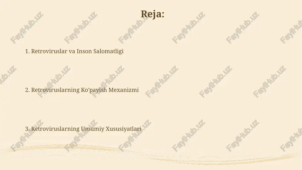 etadi. integratsiya va provirus hosil bo‘lishi provirus dnk xost hujayraning genomiga mustahkam integratsiya qilinadi va hujayra bo‘linishi davomida avlod hujayralarga o‘tadi, shu sababli u uzoq muddatli infektsiyani ta’minlaydi. integratsiya natijasida hosil bo‘lgan provirus dnkning ikki zanjirli strukturasi hujayra dnksiga tasodifiy joylashishi mumkin, lekin ba’zi joylarga afzallik beriladi. retroviruslarning genetik tuzilishi retroviruslarning genomida 2 ta identik rna molekulasi mavjud bo'lib, ular teskari transkripsiya jarayonida provirus dnk hosil qilish uchun shablon vazifasini o'taydi. retroviruslarning gag, pol va env genlaridan tashqari, ba'zi turlari onkogenlarni (v-onc) yoki boshqa qo'shimcha genlarni (taxminan 3-10 kb) o'z ichiga oladi. retroviruslarning umumiy tavsifi retroviruslarning genomida iki zanjirli dnk emas, balki bir zanjirli rnk molekulasi mavjud bo'lib, bu ularni boshqa viruslardan farqlaydi va teskari transkripsiya jarayonini talab qiladi. retroviruslar, odatda, ikkitadan yettita genga ega bo'lib, ularning orasida gag, pol va env kabi asosiy strukturaviy va funktsional oqsillarni kodlovchi genlar mavjud. retroviruslarning onkogenligi onkogenlar faollashuvi orqali retroviruslar hujayra siklining tartibga …
