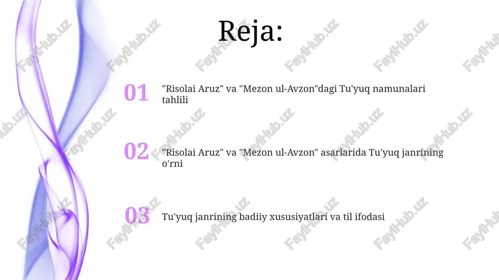 riy asarlarni o'z ichiga oladi. tu'yuqlarning mazmuni ko'pincha lirik, falsafiy va didaktik xarakterga ega bo'lib, 7-8 ta harfdan iborat qofiyalar bilan yozilgan. ikki asardagi tu'yuqlarning o'zaro taqqoslash tahlili ikki asarda uchraydigan tuyuqlarning mazmuniy tahlili, 7 dan ortiq umumiy va 3 ga yaqin farqlovchi mavzularni ochib beradi. "risolai aruz"dagi 10 ta tuyuqning "mezon ul-avzon"dagi analoglari bilan o'xshashlik va farqlarini aniqlash, har ikkala muallifning uslubiy xususiyatlarini yoritishga yordam beradi. "risolai aruz" va "mezon ul-avzon" asarlaridagi 15 ga yaqin tuyuqning metrikal o'zgarishlarini taqqoslash, ularning usul va shakl jihatidan farqlarini aniqlash imkonini beradi. e'tiboringiz uchun rahmat @taqdimot_robot image1.jpeg image2.jpeg image3.jpeg