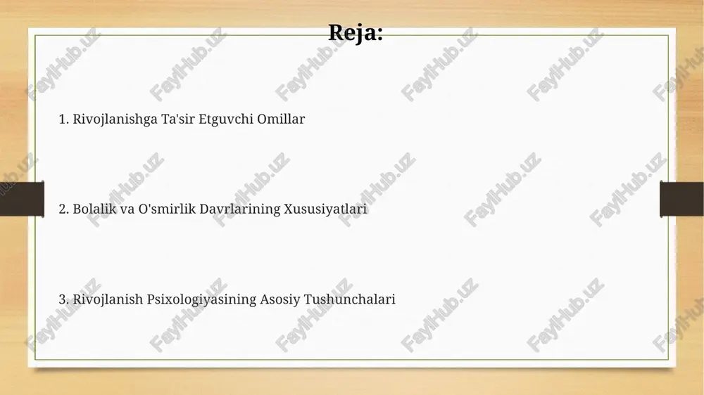 ing sogʻlom rivojlanishiga olib keladigan vazifalarni oʻz ichiga oladi. rivojlanishdagi individual farqlar ijtimoiy-emotsional rivojlanishda ham sezilarli farqlar mavjud, masalan, 5 yoshli bolalarning 40% o'z tengdoshlari bilan o'zaro munosabatlarni o'rnatishda qiyinchiliklarga duch kelishi mumkin, bu temperament va ijtimoiylashuv darajasiga bog'liq. kognitiv rivojlanishda individual farqlar 7 yoshga kelib, masalan, muammo yechish qobiliyatida 2 standart deviatsiyagacha farq qilishi mumkin, bu bolaning intellektual salohiyatini aks ettiradi. rivojlanishning turli bosqichlarida, masalan, 2 yoshda nutq rivojlanishida 30% farq kuzatilishi mumkin, bu genetik omillar va atrof-muhit ta'siriga bog'liq. erta bolalik davri rivojlanishi erta bolalik davrida (2-6 yosh) bolaning lug‘aviy zahirasi tez sur’atlarda o‘sib, 5 yoshga kelib 2000 dan ortiq so‘zga etadi, bu esa murakkab gap tuzilmalarini tushunish va qo‘llash imkoniyatini beradi. motor rivojlanishida 3 yoshga kelib, bolalar mustaqil yurishi, chopishi, zinapoyadan chiqishi va tushishi kabi nozik va umumiy motor harakatlarini mukammal bajara boshlaydilar. kognitiv rivojlanishning preoperatsional bosqichida (2-7 yosh) egotsentrizm kuzatiladi, ya’ni bola dunyoni faqat o‘z nuqtai …