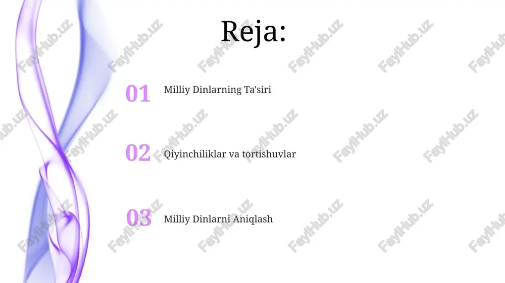ib qilish yoki cheklash orqali ta'sir etishi mumkin. din erkinligi odamning asosiy huquqi, ammo u milliy dinlarga asoslangan qonunlar va amaliyotlar tomonidan ham to'sqinlik qilinishi mumkin. milliy dinlar va etnik mojaro etnoik mojarolar ko'pincha yer, resurslar yoki siyosiy hokimiyat bo'yicha nizolar tufayli paydo bo'ladi va din bu taranglikni kuchaytirishi mumkin. milliy dinlar hukumatlar tomonidan hukmronliklarini qonuniylashtirish, norozilikni bostirish yoki millatchi g'oyalarni targ'ib qilish uchun ishlatilishi mumkin. milliy dinlarga misol: hindistondagi hinduizm milliy dinlar ko'pincha milliy identifikatsiya va madaniy qadriyatlarni shakllantirishda muhim rol o'ynaydi. boshqa misollar sifatida tailandda buddizm, yaponiyada shintoizm va qadimgi forsda zardushtiylikni keltirish mumkin. milliy dinlar va dunyoviylik 01 02 milliy dinlar mamlakatda rasman tan olingan dinlardir. ba'zi mamlakatlar milliy dinlarga ega, boshqalari esa dunyoviy. sales 1st qtr 2nd qtr 100 0 sales 1st qtr 2nd qtr 100 0 milliy dinlar va madaniy kimlik milliy dinlar ko'pincha madaniy identifikatsiyani shakllantirishda muhim rol o'ynaydi. milliy dinlar bilan madaniy identifikatsiya …