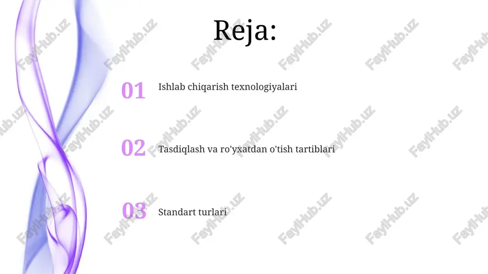 tasdiqlash jarayonlari: mahsulotlarning qonuniy va xavfsizlik standartlariga muvofiqligiga ishonch hosil qilish jarayonlari. qonunchilikka muvofiqlik mahsulot ishlab chiqarish va ishlab chiqarish uchun qonuniy va axloqiy talablarga rioya qilish. ishlab chiqarish texnologiyalari: yakuniy mahsulotni ishlab chiqarishda qo'llaniladigan ishlab chiqarish jarayonlari va uskunalar, shu jumladan mashinalar va avtomatlashtirish. standart turlari standart turlari: ixtiyoriy, majburiy, milliy, xalqaro tasdiqlash va ro'yxatga olish jarayonlari: sertifikatlash, akkreditatsiya, litsenziyalash ishlab chiqarish texnologiyalari ishlab chiqarish texnologiyalari: tovarlar va xizmatlarni yaratish uchun ishlatiladigan usullar va jarayonlar. mahsulotlar sifatini, xavfsizligini va boshqa jihatlarini aniqlaydigan standartlar turlari. avtomatlashtirish va robototexnika ishlab chiqarish texnologiyalari: cnc ishlov berishdan 3d bosib chiqarishgacha, bu texnologiyalar avtomatlashtirish qobiliyatlarini oshiradi. avtomatlashtirish va robototexnika: standartlar avtomatlashtirilgan tizimlarning dizaynini, xavfsizlikni va o'zaro moslashuvchanligini boshqaradi. sifat nazorati texnologiyalari 01 02 sifat nazorati texnologiyalari: statistika jarayon nazorati va tekshirish kabi usullar orqali mahsulot izchilligini ta'minlash. standart turlari: iso, astm va tarmoqqa xos standartlar kabi mahsulot sifati, xavfsizligi va ishlashiga oid spetsifikatsiyalar. sales …