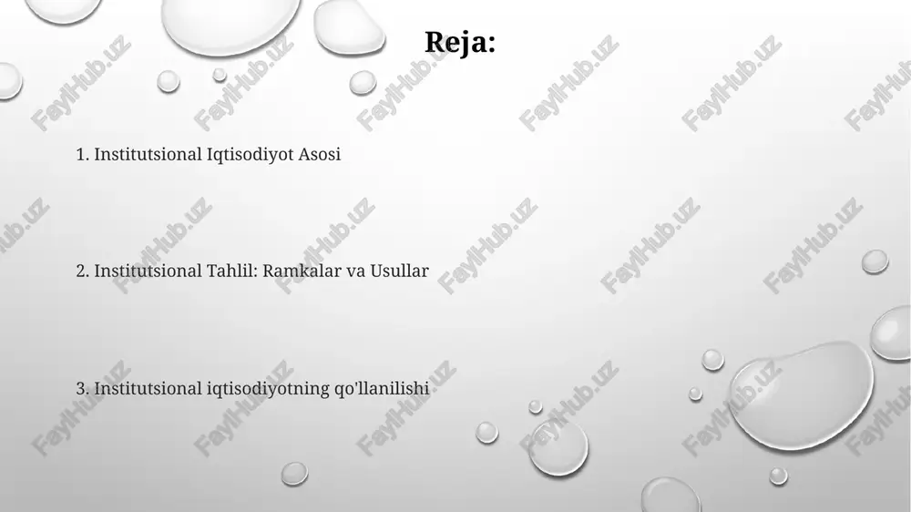 atrof-muhit iqtisodiyotiga ta'sir ko'rsatdi va iqtisodiy tahlilga yaxlit va ko'p tarmoqli yondashuv zarurligini ta'kidladi. tanqidlar va bahslar empirik sinovlarning yetishmasligi: ko'pgina nazariy modellarda empirik dalillar yo'qligi ularning dolzarbligini baholashni qiyinlashtiradi. muassasalarga e'tibor qaratish: muassasalarga urg'u berish shaxsiy xulq-atvor va bozor kuchlarining rolini e'tiborsiz qoldirishi mumkin. institutsional iqtisodiyotning ayrim tanqidchilari uning ma'lum siyosiy pozitsiyalarni qo'llab-quvvatlashga moyil ekanligini aytishadi. muassasalar va iqtisodiy samaradorlik ular mulk huquqlariga, shartnomalarni bajarishga va bozor raqobatiga ta'sir qilib, iqtisodiy samaradorlikka ta'sir qiladi. kuchli institutlar iqtisodiy o'sish, barqarorlik va ijtimoiy farovonlikni rivojlantiradi. muassasalar iqtisodiy xulq-atvorni shakllantiradigan qoidalar, me'yorlar va tashkilotlardir. kelajak yo'nalishlari va qiyinchiliklar xulq-atvor bilimlarini institutsional tahlilga integratsiya qilish. murakkab, dinamik tizimlarni tahlil qilish uchun yangi uslublarni ishlab chiqish. global boshqaruv va iqlim o'zgarishi muammolarini hal qilish. e'tiboringiz uchun rahmat @taqdimot_robot image1.png image2.png image3.png