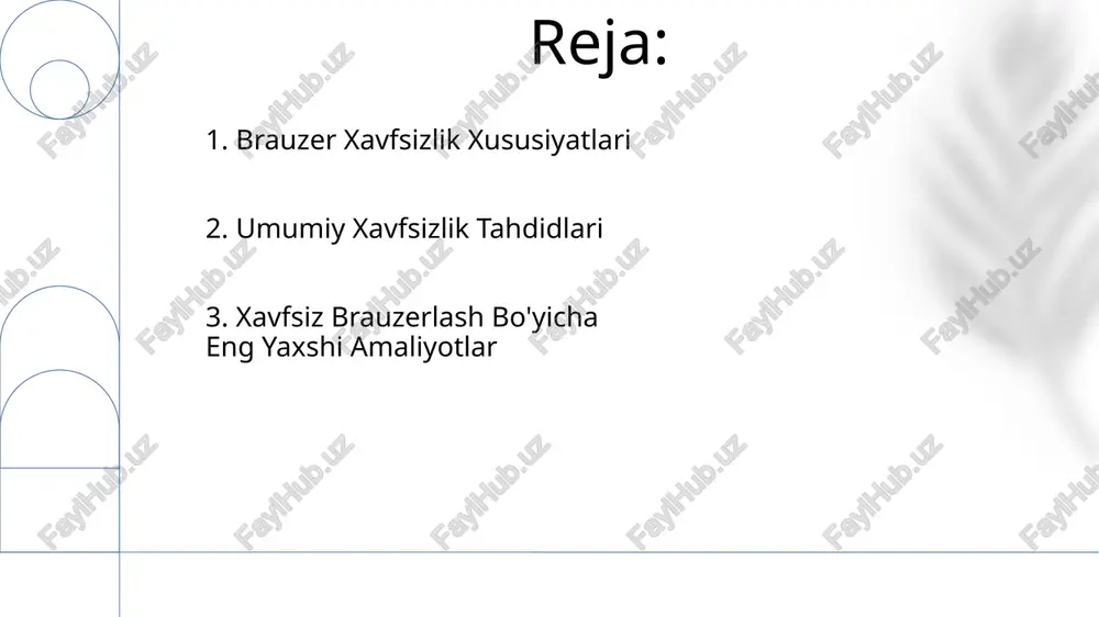 qabul qilishidan to'sadi va xavfsiz ulanishlarni (https) majburiy qiladi. 6. veb xavfsizlik siyosati (vxs) brauzer xavfsizlik tizimlari foydalanuvchilarni zararli veb-saytlar va kontentlardan himoya qiladigan veb-brauzerlarda mavjud bo'lgan xususiyatlardir. wsplar veb-saytlar oʻzlarining kontentlaridan boshqa veb-saytlar tomonidan qanday foydalanilishini va oʻzaro ta'sirlashishini nazorat qilish uchun qoʻllaydigan qoidalardir. 7. xss himoyasi: foydalanuvchi kirish ma'lumotlarini filtrlash yoki kodlash orqali brauzerda zararli skriptlarning ishlashini oldini oladi. kontent xavfsizlik siyosati (csp): scriptlar, rasmlar va boshqa resurslar uchun ishonchli manbalarni belgilaydi, boshqalarni bloklaydi. 8. qum qutisi sandbox, zararli dasturlar tizimingizga zarar yetkazmasligi uchun kodni ajratib turadi. brauzer xavfsizlik tizimlari zararli veb-saytlarning ma'lumotlaringizga yoki tizimingizga kirishini oldini olish uchun qum qutisi, xavfsizlik siyosati va kodni tekshirishni birlashtiradi. 9. brauzer xavfsizlik xususiyatlari xavfsizlik yangilanishlari: brauzeringizni xakerlardan himoya qilish uchun zaifliklarni muntazam ravishda tuzating. https: brauzeringiz va veb-saytlar o'rtasidagi aloqani shifrlaydi, ma'lumotlaringizni himoya qiladi. e'tiboringiz uchun rahmat @taqdimot_robot image1.png image2.jpg image3.jpg image4.jpg image5.jpg image6.jpg image7.jpg image8.jpg image9.jpg image10.jpg