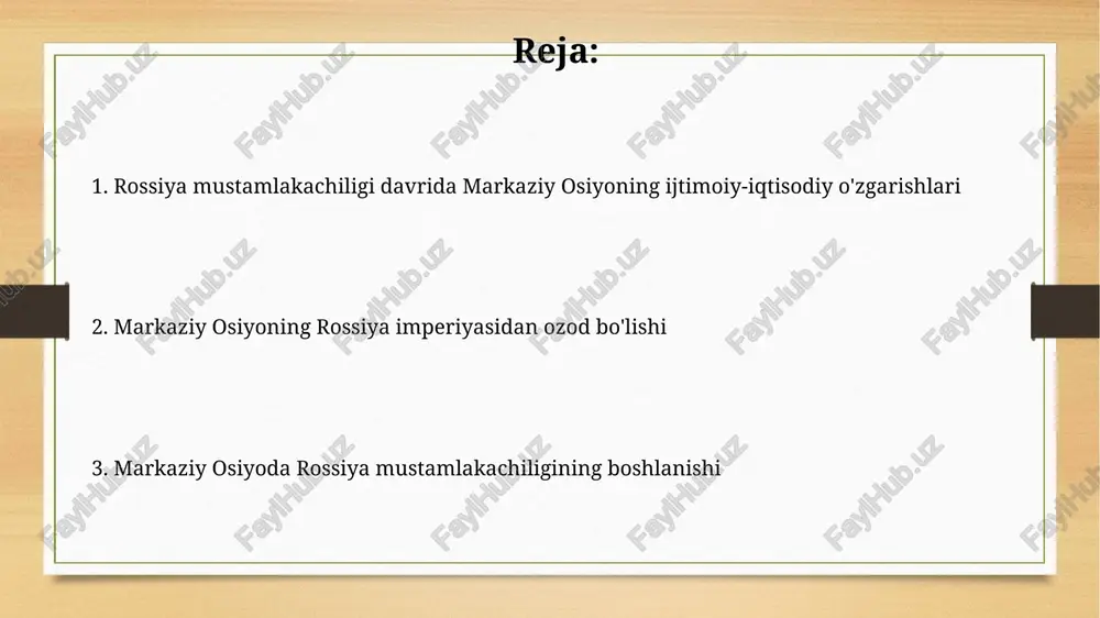 lashuv rossiya mustamlakachiligi davrida 19-asr oxiri va 20-asr boshlarida masjidlar soni sezilarli darajada kamaytirildi, diniy ta’lim muassasalarining ko‘pchiligi yopildi va ularning o‘rniga ruslashtirish siyosati olib borildi. 1860-yillardan boshlab, mahalliy imomlar va qozilarning tayinlanishi va faoliyatini nazorat qilish uchun maxsus tizim joriy etildi, bu esa ularning mustaqilligini cheklab, hukumatga bo’ysundirishga qaratildi. xiva xonligi va rossiya imperiyasi xiva xonligining rossiya imperiyasiga qo'shib olinishi natijasida 1881 yildan boshlab xonlik hududida yangi soliq tizimi joriy etildi, bu esa aholining iqtisodiy ahvoliga salbiy ta'sir ko'rsatdi va ichki migratsiyani kuchaytirdi. xiva xonligi 1873 yilda rossiya imperiyasi tomonidan bosib olingandan so'ng, qat'iy harbiy va ma'muriy nazorat o'rnatildi, bu esa xonlikning mustaqilligiga yakun yasadi va uning ichki ishlariga to'liq aralashuvni boshladi. buxoro amirligi ustidan nazorat o'rnatish buxoro amirligining ichki ishlarini boshqarishda rossiya vakillarining ta'siri tobora kuchayib bordi, masalan, soliq yigʻish va sud tizimini boshqarishda rossiya amaldorlari muhim rol oʻynagan. buxoro amirligini toʻliq boʻysundirish uchun rossiya 1868-yildagi jangdan soʻng, …