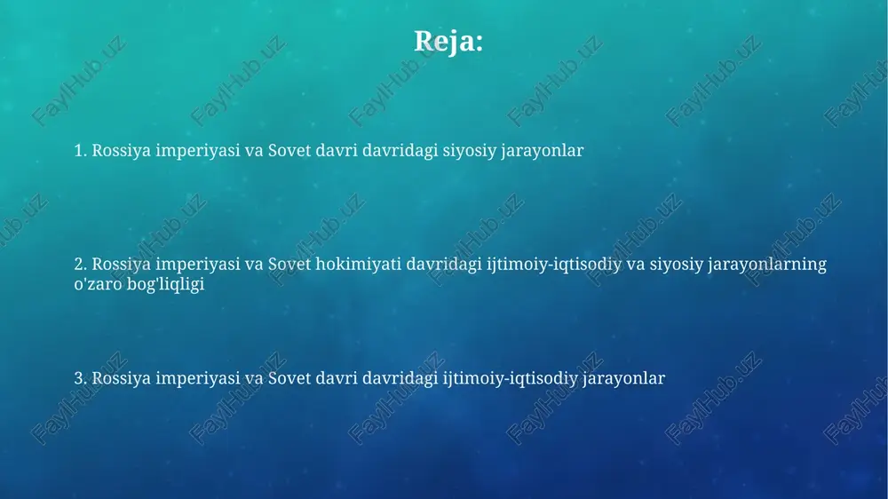 n va bu yagona partiyali tizimni yaratgan. 1937-yilgi “katta terror” davrida yuz minglab odamlar, xususan partiya va davlat amaldorlari siyosiy ayblovlar bilan qatag'on qilingan, bu esa sovet jamiyatiga jiddiy zarba bergan. rossiya imperiyasi davrida ijtimoiy-iqtisodiy jarayonlar 19-asr oxiri – 20-asr boshlarida sanoatning tez rivojlanishi natijasida shaharlarga katta miqdorda qishloq aholisi ko'chib kelgan, bu esa ijtimoiy taranglikni kuchaytirgan. rossiya imperiyasida kapitalizmning rivojlanishi notekis bo'lib, sanoatning asosiy qismi g'arbiy viloyatlarda to'plangan va bu mintaqalararo tengsizlikni keltirib chiqargan. sovet davrida ijtimoiy-iqtisodiy jarayonlar sovet davrida kollektivlashtirish siyosati 25 millionga yaqin dehqonni kolxozlarga majburan birlashtirdi, bu esa qishloq xo‘jaligining keskin pasayishiga va ocharchilikka olib keldi. 1930-yillar davomida sanoatlashtirishning tez sur’atlarda rivojlanishi natijasida og‘ir sanoatning ulushi 70% ga yetdi, ammo iste’mol tovarlari ishlab chiqarishda sezilarli kamchiliklar kuzatildi. rossiya imperiyasida sinfiy kurash zo'ravonlik va namangandagi 1905-yilgi voqealar kabi ommaviy noroziliklar rossiya imperiyasidagi chuqur ijtimoiy-iqtisodiy muammolar va sinfiy kurashning keskinligini ko'rsatdi. 1861-yilgi islohotdan keyin dehqonlarning yerga bo'lgan egalik …