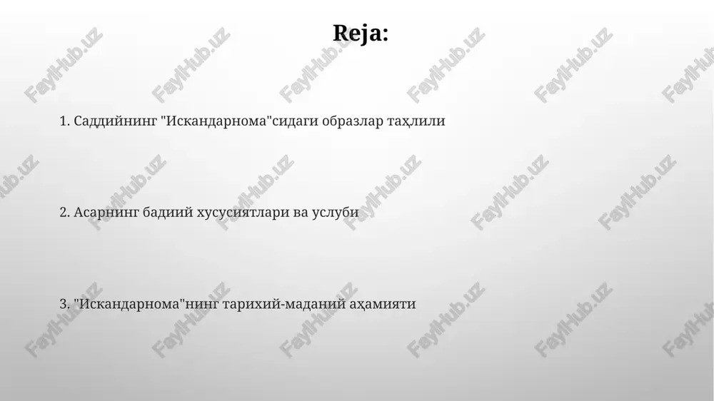 larni o'z ichiga olishi bilan belgilanadi. asardagi epik janr elementlarining tahlili orqali, milliy adabiyotimiz rivojiga ta'sir ko'rsatgan 5 tadan ortiq she'riy an'analarni aniqlash mumkin. saddiyning badiiy uslubi va til xususiyatlari saddiyning badiiy uslubida tashbeh, istiora kabi 3 ta asosiy trop turining ulushi 70% dan ortiq bo'lib, bu uning tasviriylikka moyilligini ko'rsatadi. saddiyning asarlarida 20 dan ortiq turli she'riy andozalar va 50 dan ziyod badiiy tasvir vositalari kuzatiladi, bu uning boy uslubiy imkoniyatlaridan dalolat beradi. iskandariy obrazining tahlili asarda iskandarning 7 ta muhim jangi batafsil tasvirlangan bo'lib, ularda u harbiy geniy sifatida namoyon bo'ladi, harbiy taktikaning 5 ta asosiy usulini qo'llaydi. saddiyning “iskandarnoma”sida iskandar obrazi 30 dan ortiq fazilatlarga ega bo'lib, bularning 10 tasi harbiy strategiya va taktikaga, 15 tasi esa adolat va hikmatga bog'liq. e'tiboringiz uchun rahmat @taqdimot_robot image3.png image4.jpg image5.jpg image6.jpg image7.jpg image8.jpg image9.jpg image10.jpg image1.png