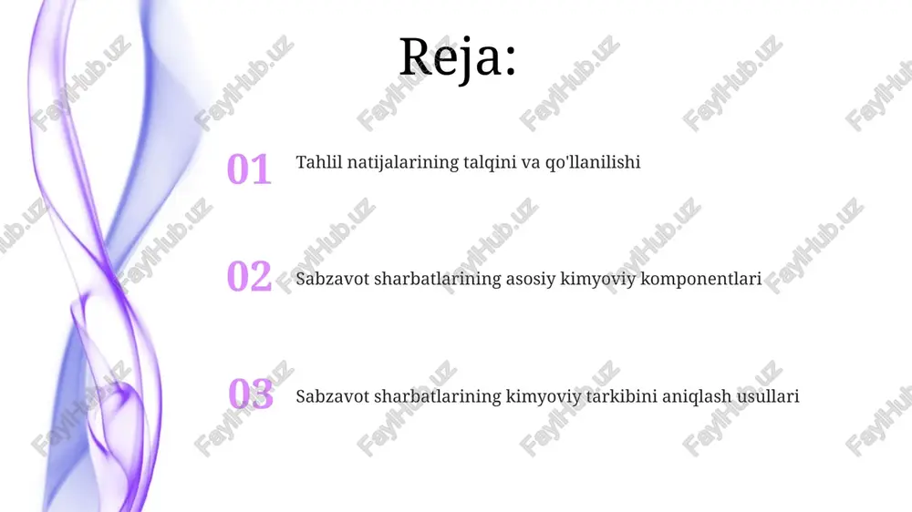 sharbatlarining kimyoviy tarkibini aniqlash usullari gaz-suyuqlik xromatografiyasi (gslx) sabzavot sharbatlaridagi organik kislotalar (limon, olma, shuningdek, 10 dan ortiq) tarkibini aniqlashda yuqori aniqlikni ta’minlaydi. atom-absorbtsion spektroskopiya (aas) usuli sabzavot sharbatlaridagi mikroelementlar (temir, marganets, mis va boshqalar) miqdorini aniqlashda ishlatiladi, aniqlik darajasi ppm darajasida. titrimetrik usullar kislotalilikni aniqlashda titrimetrik usullar, masalan, asosiy eritma bilan neytrallash orqali, meva va sabzavot sharbatlaridagi organik kislotalar miqdorini 0,01n naoh eritmasi bilan titrlash orqali aniqlash mumkin. redoks titrimetrik usullar, masalan, permanganometriya yordamida, sabzavot sharbatlaridagi antioksidantlar miqdorini, 0,02n kmno4 eritmasi bilan titrlash orqali aniqlash imkonini beradi. natijalar va xulosalar sabzavot sharbatlarining kimyoviy tarkibini tahlil qilish natijasida 10 turdagi namunada o'rtacha 15% shakar, 2% kislota va 0,5% mineral moddalar aniqlandi. hplc usuli yordamida o'tkazilgan tahlillar, a, c vitaminlari va karotinoidlar miqdorini aniqlash imkonini berdi, ularning kontsentratsiyasi namunalar orasida sezilarli darajada farq qildi. sifat nazorati va xavfsizlik texnikasi har bir namunani tahlil qilishdan oldin, asbob-uskunalarni 70% li spirtli eritma bilan …