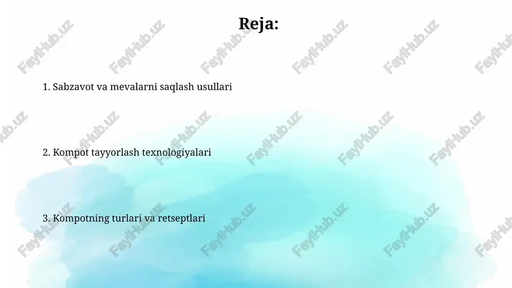 h uchun sterilizatsiya jarayoni 100°s da kamida 20 daqiqa davom etishi kerak, shuningdek, bankalar mukammal toza va quruq boʻlishi zarur. kompotni taqdim etishdan oldin, uni sovutgichda kamida 4 soat ushlab turish tavsiya etiladi, bu esa uning ta'mini yaxshilashga yordam beradi va ideal konsentratsiyani beradi. sterillash usullari konservalash jarayonida 121°c da 20 daqiqa davomida avtoklavda sterilizatsiya qilish bakteriyalar va qo'ziqorinlarni yo'q qilib, mahsulotning uzoq muddat saqlanishini ta'minlaydi. quruq sterilizatsiyada idishlar 160-180°c haroratda 1-2 soat davomida qizdirilishi lozim bo'lib, bu usul shisha idishlarni sterilizatsiya qilish uchun qo'llaniladi. sabzavot va mevalarni saqlashning ahamiyati sabzavot va mevalarni saqlash yiliga o'rtacha 30% gacha oziq-ovqat chiqindilarini kamaytirishga yordam beradi, bu esa oila byudjetini sezilarli darajada tejash imkonini beradi. to'g'ri saqlangan sabzavot va mevalar vitaminlar (masalan, s vitamini 50% gacha) va minerallarni uzoq vaqt saqlab qolishga yordam beradi, bu sog'lom ovqatlanishni ta'minlaydi. saqlash shartlari germetikali muhitda, ya'ni sterillashtirilgan bankalarda va qopqoqlar bilan yopilganda, kompot 1-2 yilgacha saqlanishi …