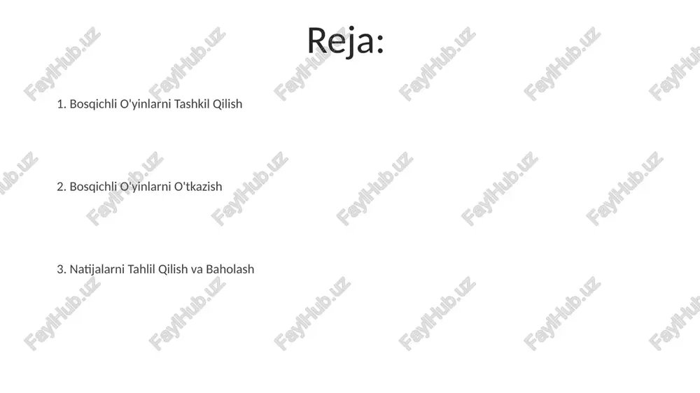 hlil qilish. o'yinning muvaffaqiyat ko'rsatkichlarini (masalan, ishtirokchilarning qatnash darajasi 80% dan yuqori, o'rtacha o'yin vaqti 45 daqiqa) aniqlash va ularni tahlil qilish orqali o'yinni baholash mumkin. o'yin mexanikasi va qoidalari muvaffaqiyatli o'yin mexanikasi va qoidalari o'yinning umumiy davomiyligini (masalan, 60-90 minut) va o'yinchilar sonini (2-6 kishi) hisobga olgan holda muvozanatli bo'lishi kerak. qoidalar to'plami 5-10 ta asosiy qoidani o'z ichiga olishi kerak, ular aniq va tushunarli bo'lishi, shuningdek, o'yinning asosiy maqsadini va o'yinchilarning o'zaro ta'sirini aniqlab berishi zarur. bosqichli o'yinlarni rejalashtirish bosqichli o'yinlarni rejalashtirishda har bir bosqich uchun aniq vaqt chegaralari (masalan, 15-20 minut) belgilash, ishtirokchilar soniga qarab guruhlarga bo'lish va har bir guruh uchun 3-5 ta vazifani tayyorlash muhim ahamiyatga ega. o'yinning murakkablik darajasini, ya'ni qiyinchilik koeffitsiyentini (1 dan 5 gacha) oldindan aniqlash va har bir bosqichning maqsadini, kerakli vositalar ro'yxatini batafsil yozib olish o'yinning muvaffaqiyatli o'tishi uchun zarur. e'tiboringiz uchun rahmat @taqdimot_robot image4.jpg image5.jpg image6.jpg image7.jpg image8.jpg image9.jpg …