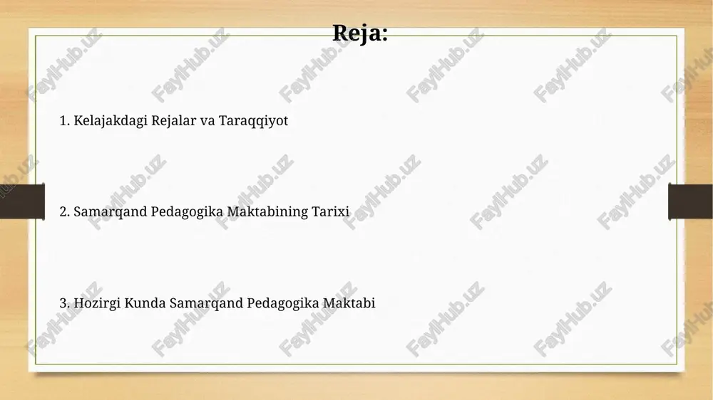 g yuqori samaradorligini ta'minlaydi. samarqand pedagogika maktabida o'qituvchilarning malaka oshirish kurslarini o'tash darajasi 2022 yilda 85% ni tashkil etgan bo'lib, bu kadrlar tayyorlash sifatining yuksalishini ko'rsatadi. xalqaro hamkorlik xalqaro hamkorlik dasturlari doirasida har yili 100 dan ortiq talaba va o'qituvchilar xalqaro almashinuv dasturlarida ishtirok etadi. samarqand pedagogika maktabining xalqaro hamkorligi doirasida 20 dan ortiq mamlakatdagi 50 dan ziyod oliy o'quv yurti bilan hamkorlik aloqalari o'rnatilgan. kelajakdagi rejalar maktabning raqamli infratuzilmasini rivojlantirish doirasida, yaqin 5 yil ichida barcha o'quv jarayonlarini onlayn platformaga o'tkazish va 1500 dan ortiq onlayn kurslarni ishga tushirish mo'ljallanmoqda. samarqand pedagogika maktabining kelajakdagi rejalariga 50 dan ortiq yangi zamonaviy o'quv xonalarini, jumladan, stem laboratoriyalarini qurish va jihozlash kiradi. davlat siyosati va maktab maktablarning moddiy-texnik bazasini mustahkamlash bo'yicha davlat dasturi 5 yil ichida 1000 dan ortiq maktabni zamonaviy jihozlar bilan ta'minlashni rejalashtirmoqda. pedagog kadrlar tayyorlash tizimini takomillashtirish bo'yicha davlat strategiyasi 2030-yilgacha 50% ga malaka oshirgan o'qituvchilar sonini ko'paytirishni maqsad …