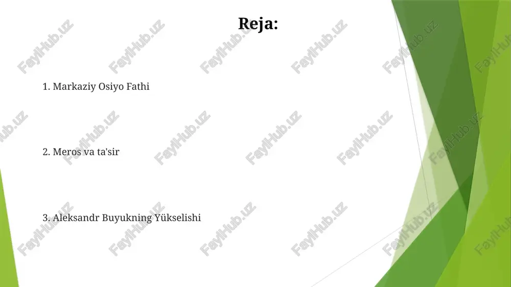 nskiy miloddan avvalgi 4-asrda markaziy osiyoning katta qismini, jumladan, fors, baktriya va sog'diyani zabt etdi. uning kampaniyasi imperiyasini sharqqa kengaytirish, mahalliy hukmdorlarni bo'ysundirish va mintaqada yunon ta'sirini o'rnatishga qaratilgan edi. tirus qamalı aleksandrning markaziy osiyoga yurishi: forsni fathi (miloddan avvalgi 330-327), so'ngra markaziy osiyoni bo'ysundirishga qaratilgan yurish. tirus qamal qilinishi: aleksandrning miloddan avvalgi 332 yilda finikiya shahrida bo'lgan tirusni egallash uchun 7 oylik kampaniyasi. markaziy osiyoga ta'siri ahemaniylar imperiyasi qulashiga olib keldi. hellenistik madaniyati va ta'siri mintaqaga yoyildi. markaziy osiyoga yo'l bu kampaniya miloddan avvalgi 329 yildan 327 yilgacha davom etgan bir qator janglar va fath qilishlardan iborat edi. aleksandr buyukning yurishi fors imperiyasini, shu jumladan markaziy osiyoni bosib olishga qaratilgan edi. granik daryosi jangı aleksandr buyukning birinchi muhim g'alabasi, memnon boshchiligidagi fors qo'shinini mag'lub etish. miloddan avvalgi 334-yilda, hozirgi turkiyadagi granik daryosi yaqinida jang bo'lgan. e'tiboringiz uchun rahmat @taqdimot_robot image1.jpg image2.jpg image3.jpg image4.jpg image5.jpg image6.jpg image7.jpg image8.jpg image9.jpg image10.jpg …