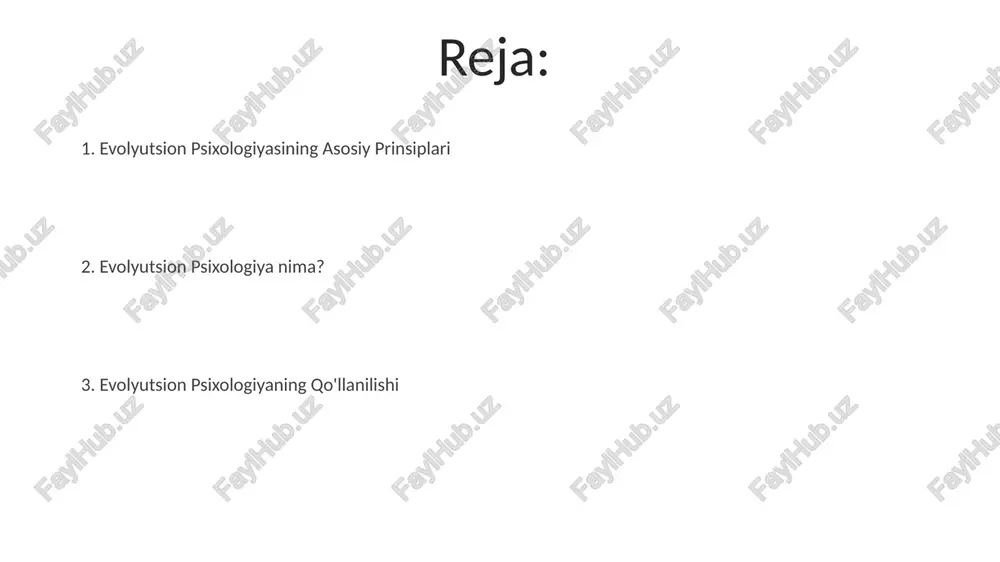 olyutsion bosimlar tomonidan moslashuv muammolarini hal qilish uchun shakllangan. evolyutsion psixologiyasi aqlning dizaynini uning evolyutsion funktsiyalari nuqtai nazaridan tushunishga harakat qiladi va uning muhitga qanday moslashishini tushuntiradi. bu yondashuv bizga inson xulq-atvori, his-tuyg'ulari va idrokini ularning evolyutsion kelib chiqishi va omon qolish qiymatini hisobga olgan holda tushunishga yordam beradi. kelajakdagi evolyutsion psixologiya yoʻnalishlari epigenetika va gen-muhit o'zaro ta'sirlarining rolini o'rganish. evolyutsion psixologiyasini boshqa fanlar bilan integratsiya qilish. madaniyat va ijtimoiy xulq-atvorning evolyutsion ildizlarini o'rganish. evolyutsion psixologiyaning qo'llanilishi samarali marketing va reklama strategiyalarini ishlab chiqish. psixologik va ijtimoiy muammolarga qarshi kurash choralarini ishlab chiqish. inson xulq-atvorini, munosabatlarini va ijtimoiy o'zaro ta'sirlarini tushunish. e'tiboringiz uchun rahmat @taqdimot_robot image1.jpeg image2.jpeg