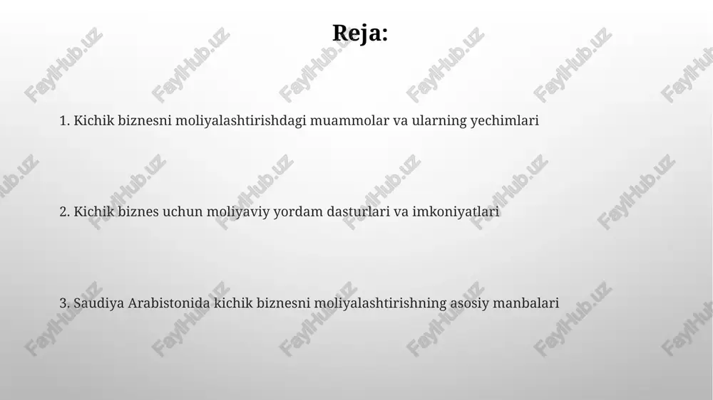 ha 15% lifoya stavkasi bilan 5 mln. riyolgacha kreditlar ajratilgan. islomiy bank xizmatlari orqali muroboha asosida 10 mln. riyolgacha bo'lgan uzoq muddatli kreditlarni olish imkoniyati mavjud bo'lib, ularning foiz stavkalari bozor sharoitiga bog'liq. xalqaro hamkorlik saudiya arabistonidagi kichik biznesni moliyalashtirishda jahon banki kabi xalqaro tashkilotlar 2022 yilda 500 million dollar miqdorida grantlar va imtiyozli kreditlar ajratgan. islom taraqqiyot banki kabi xalqaro tashkilotlar saudiya arabistonidagi ayollarga egalik qiluvchi kichik bizneslar uchun 20% gacha grantlar ajratadi. soliq siyosati saudiya arabistonida kichik biznes uchun soliq imtiyozlari, ayniqsa, startaplar uchun 2023-yilda 5% dan 10% gacha kamaytirildi. kichik bizneslar uchun soliq hisobotlarini topshirish muddati uzaytirilishi, o'rtacha 30 kun bo'lib, bu biznes yuritish xarajatlarini kamaytiradi. e'tiboringiz uchun rahmat @taqdimot_robot image3.png image4.jpg image5.jpg image6.jpg image7.jpg image8.jpg image9.jpg image10.jpg image1.png