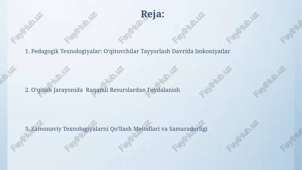 ogiyalari simulyatsiya va o'yinlashtirish texnologiyalari (masalan, 3d modellashtirish, vr/ar) orqali 5-7 yoshli bolalarda matematik tushunchalarni shakllantirish samaradorligi 2-3 barobar ortadi. interfaol doskalar yordamida taqdimotlarni tayyorlash va namoyish qilish, an'anaviy usullarga nisbatan o'qituvchilarning vaqtini 30% ga tejash imkonini beradi hamda o'quv jarayonini dinamiklashtiradi. kelajakdagi rejalar va tavsiyalar innovatsion pedagogik texnologiyalarni qo'llash bo'yicha 200 dan ortiq o'qituvchilarni sertifikatlash va professional rivojlantirish kurslarini tashkil etish kerak. kelajakdagi rejalarga 5 yillik strategiya doirasida pedagogik texnologiyalarni joriy etish va kamida 10 ta yangi o'quv dasturini ishlab chiqish kiradi. pedagogik texnologiyalarning afzalliklari va kamchiliklari interaktiv o'yinlar va simulyatsiyalar kabi texnologiyalar 80% ga yaqin o'quvchilarning bilim olish jarayoniga ijobiy ta'sir ko'rsatadi, ammo ba'zi o'quvchilar uchun texnologiyalardan foydalanish qiyin bo'lishi mumkin. onlayn platformalar orqali masofadan turib o'qitish imkoniyati 5 barobar ko'proq o'quvchilarga yetkazishni ta'minlaydi, lekin internetga kirish imkoniyati va texnik jihozlarning yetishmasligi kabi kamchiliklar mavjud. e'tiboringiz uchun rahmat @taqdimot_robot image4.png image5.jpg image6.jpg image7.jpg image8.jpg image9.jpg image10.jpg image11.jpg image3.jpeg
