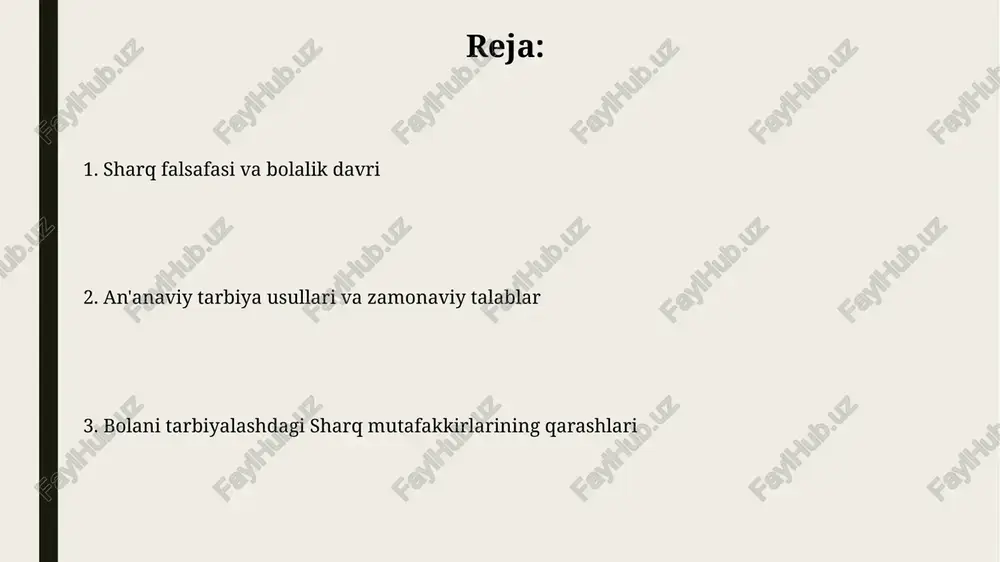 ishda kitob o'qish, muammolarni echish va erkin fikrlash kabi jarayonlarni rivojlantirish 10-12 yoshgacha bo'lgan bolalarda mantiqiy fikrlash qobiliyatining shakllanishiga yordam beradi. 5-7 yoshlardagi bolalarning intellektual rivojlanishida o'yinlar, tajribalar va amaliy faoliyatlarning roli katta bo'lib, bu jarayonda munosabatlar va kommunikatsiya ko'nikmalari shakllanadi. zamonaviy sharoitda an'anaviy tarbiya usullarining ahamiyati zamonaviy sharoitda, an'anaviy tarbiya usullarining 70% gacha bo'lgan qismi bolaning ijtimoiy moslashuviga va 30% ga yaqinroq darajada o'ziga ishonch hosil qilishga ijobiy ta'sir ko'rsatishi ilmiy jihatdan tasdiqlangan. an'anaviy tarbiya usullarining samaradorligi, masalan, hurmat, mehnatsevarlik va mas'uliyat kabi qadriyatlarni singdirishda zamonaviy pedagogik yondashuvlarga nisbatan 2 barobar yuqori ekanligini ko'rsatuvchi tadqiqotlar mavjud. qobiliyatlarni aniqlash va rivojlantirish sharq tafakkurida bola tarbiyasidagi 5 ta asosiy qobiliyat (til, tafakkur, ijodkorlik, ijtimoiylik, jismoniy)ni aniqlash va ularni 7 yoshgacha shakllantirishga alohida e'tibor berilgan. 12 yoshgacha bolalarning individual xususiyatlarini hisobga olgan holda, ularning intellektual va emotsional rivojlanishi uchun 3 ta asosiy yo'nalish (o'yin, ta'lim, muloqot) tavsiya etilgan. axloq-odob tarbiyasi va uning …