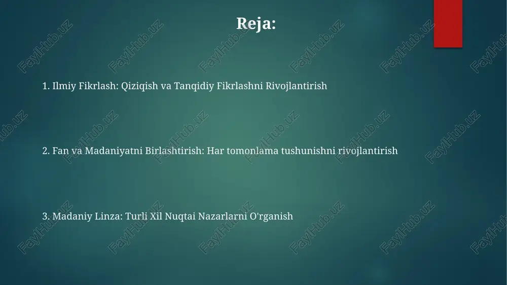 alar va resurslar orqali jalb qilish va o'rganishni yaxshilash. madaniy nuqtai nazarlarni integratsiya qilish talabalarni ilmiy va madaniy tushunishni birlashtirgan murakkab dunyoqarashni rivojlantirishga rag'batlantiring. sinfdagi turli madaniy kelib chiqishlar va nuqtai nazarlarni tan olish. madaniy bilim va tajribalarni o'qitish usullariga va dasturga birlashtirish. so'rovga asoslangan o'qitishning roli u dalillarga asoslangan mantiq, muammo yechish va savol berishga moyillikni targ'ib qilib, ilmiy dunyoqarashni rivojlantiradi. so'rovga asoslangan o'qitish o'quvchilarni kashfiyot va tanqidiy fikrlash orqali bilimlarni faol ravishda yaratishga imkon beradi. u intellektual qiziquvchanlikni, hamdardlikni va turli nuqtai nazardan muloqot qilish qobiliyatini rag'batlantirish orqali umumiy madaniy dunyoqarashga hissa qo'shadi. e'tiboringiz uchun rahmat @taqdimot_robot image1.png image2.png image3.png image4.png image5.png image6.png image7.png image8.png image9.png image10.png
