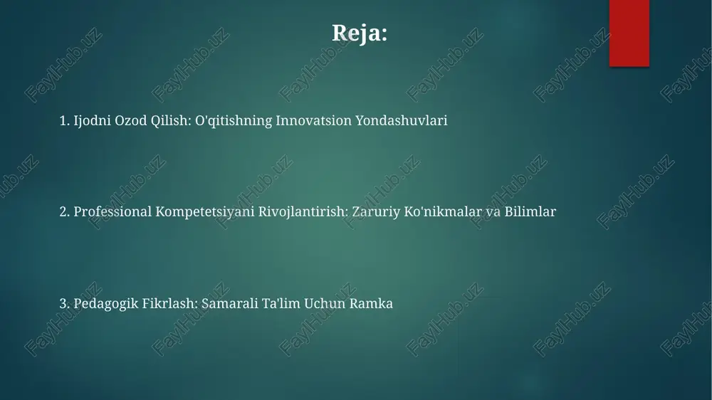 sh doimiy ravishda yaxshilanishga olib keladi. o'qituvchilar o'zlarini aks ettirishni qo'llagan holda, professional malakalarini oshirishi va darslikda ijodiy salohiyatlarini ochishi mumkin. ijodkorlik pedagogik vosita sifatida ijodiylik o'qituvchilarga talabalarda qiziqish uyg'otadigan va ilhomlantiradigan innovatsion o'quv materiallari va faoliyatlarni ishlab chiqishga imkon beradi. samarali pedagogik ko'nikmalar o'qituvchilarni o'quvchilarning individual ehtiyojlariga moslashtirilgan o'qitish usullarini yaratishga undaydi. ijodiylik, o'quvchilarni faol muammo hal qilishga jalb qilib va tanqidiy fikrlashni rivojlantirish orqali o'rganishni yaxshilaydi. moslashuvchanlik va farqlanish differensiatsiya o'qituvchilarga darsni har bir o'quvchining ehtiyojlariga moslashtirishga imkon beradi. turli o'quv muhitlarida samarali ta'lim berish uchun moslashuvchanlik kalitdir. bu koʻnikmalar professional malakani oshiradi va sinfda ijodkorlikni rivojlantiradi. pedagogikadagi axloqiy jihatlar professional chegaralarni saqlash va kuchdan mas'uliyatli foydalanish. tanqidiy fikrlash va axloqiy qaror qabul qilishni targ'ib qilish. talaba xilma-xilligi va shaxsiy o'rganish ehtiyojlariga hurmat. professional malakalarining roli ijodkorlik jalb qiluvchi va innovatsion o'qitish usullarini amalga oshirish uchun muhimdir. pedagogik ko'nikmalar professional kompetensiyaning mustahkam poydevori ustiga quriladi. professional malakasi samarali …