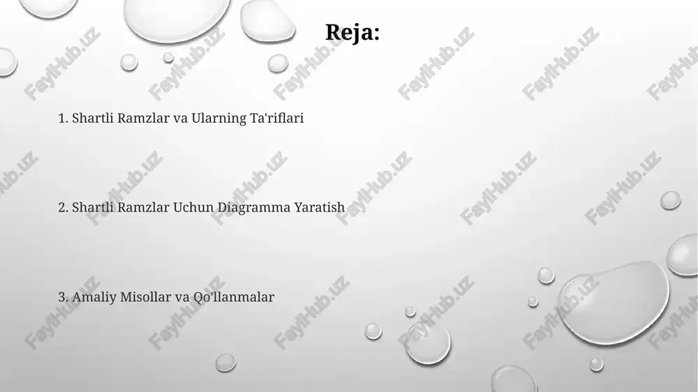 ularning kirish va chiqish signallari sonini, shuningdek, har bir signalga tegishli bo'lgan ma'lumotlar turini ko'rsatish kerak. shartli ramzlar va ularning qo'llanilishi blok-sxemalarni yaratishda shartli ramzlarning turli xil shakllari va o'lchamlaridan foydalaniladi, bu esa tushunarli va oson o'qiladigan diagramma yaratishga yordam beradi, masalan, 5 turdagi ramz. shartli ramzlar 1-5 gacha bo'lgan sonlar bilan ifodalanishi mumkin, har bir raqam ma'lum bir hodisa yoki jarayonni anglatadi, masalan, 1-quvvat manbai, 2-sensorlar. diagramma tuzishda 3 ta asosiy elementdan foydalaniladi: ramzlar, chiziqlar va matnli izohlar, ular o'zaro bog'liqlikni ko'rsatadi. shartli ramzlarning turlari shartli ramzlar, masalan, " ", "=", "==", ">=", "<=", "!=", kabi 6 ta asosiy taqqoslash operatoridan foydalanib, ikki qiymatni taqqoslash imkonini beradi. blok-sxemalar yaratishda 2 xil asosiy shartli tuzilma qo'llaniladi: "agar-unda" (if-then) va "agar-unda-aks-holda" (if-then-else) tuzilmalari, ular turli shartlarni ifodalaydi. shartli ramzlarning asosiy turlari 3 ga bo'linadi: mantiqiy, arifmetik va taqqoslash operatorlari, ular dasturlashda shartli bajarilishni boshqarish uchun ishlatiladi. shartli ramzlar diagramma yaratishga tayyorgarlik …