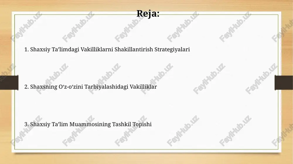 ukofotlash, motivatsiyani 30% ga kuchaytirishi mumkin. o'z-o'zini tarbiyalashda motivatsiyani shakllantirishda 3 bosqichli yondashuv (maqsad qo'yish, rejalashtirish, natijalarni baholash) samaradorligini 20% ga oshiradi. o'z-o'zini tarbiyalashning asosiy yo'nalishlari o'z-o'zini tarbiyalashda maqsadga yo'naltirilgan 7 ta strategiyani qo'llash, masalan, kundalik reja tuzish, o'qish vaqtini optimallashtirish, salbiy fikrlardan xalos bo'lish orqali yutuqlarga erishish mumkin. o'z-o'zini tarbiyalashning muhim yo'nalishlaridan biri – 3 ta asosiy qobiliyatni rivojlantirish: o'z-o'zini boshqarish, muammolarni hal qilish va samarali munosabatlarni o'rnatish. bu jarayon 5 bosqichda amalga oshiriladi. qiyinchiliklar va to'siqlarni bartaraf etish o'z-o'zini tarbiyalash jarayonida 30% dan ortiq talabalar bilim manbalariga cheklangan kirish imkoniyati bilan duch kelishadi, bu esa samaradorlikni pasaytiradi va qo'shimcha resurslarni talab qiladi. onlayn resurslarning haddan tashqari ko'pligi (taxminan 1000 dan ortiq turli platformalar) axborot shovqini va noto'g'ri ma'lumotlarga duch kelish ehtimolini oshiradi, tanqidiy fikrlash ko'nikmalarini rivojlantirish zarur. rejalashtirish va tashkil etish tashkil etish bosqichida, 20% nazariy bilimlarni o‘rganish va 80% amaliy mashqlarga ajratish samaradorlikni oshiradi, bu o‘z-o‘zini tarbiyalashning …