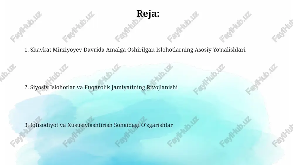 dan ortiq sud majlislari onlayn efirga uzatilgan. qishloq xo‘jaligini rivojlantirish davlat tomonidan fermerlarga 100 000 dan ortiq zamonaviy qishloq xo‘jalik texnikalari, shu jumladan traktorlar, kombaynlar va sug‘orish tizimlari yetkazib berildi, bu hosildorlikni sezilarli darajada oshirishga yordam berdi. mirziyoyev davrida qishloq xo‘jaligini rivojlantirish bo‘yicha amalga oshirilgan islohotlar natijasida 2017-2022 yillar oralig‘ida paxta yetishtirish hajmi 20% ga kamayib, o‘rnini boshqa qishloq xo‘jaligi ekinlariga berdi. qishloq xo‘jaligini rivojlantirish dasturlari doirasida 500 000 ga yaqin gektar yer maydoni irrigatsiya tizimlari bilan ta'minlandi, bu suv resurslaridan samarali foydalanishni ta'minladi. investitsiyalarni jalb qilish va tashqi iqtisodiy aloqalar tashqi savdo hajmi sezilarli darajada o'sdi, 2016 yildagi 30 milliard dollardan 2022 yilda 50 milliard dollardan oshib ketdi, bu eksportning diversifikatsiyasi va yangi bozorlarga kirishni ko'rsatadi. prezident mirziyoyevning tashabbusi bilan “yashil” investitsiyalarni jalb qilishga e'tibor kuchaytirildi va quyosh va shamol energiyasi loyihalariga 2022 yilda 1 milliard dollardan ortiq investitsiya jalb qilindi. mirziyoyev davrida to'g'ridan-to'g'ri xorijiy investitsiyalar oqimi 2016 yildagi …