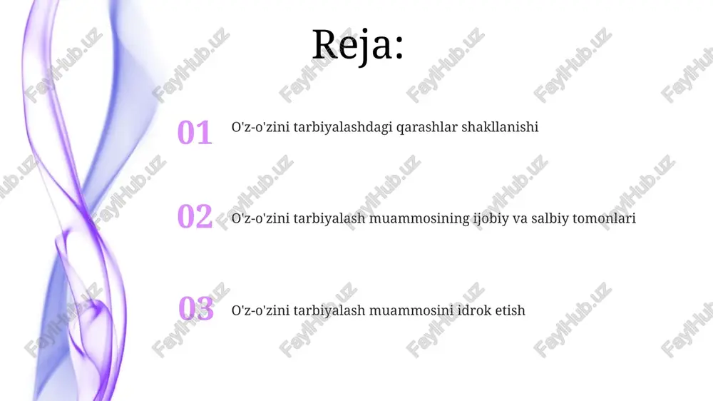 qdim etayotgan ortiqcha axborotlarning 80% dan ortig'i o'rganish samaradorligiga salbiy ta'sir ko'rsatib, diqqatni chalg'itish va prokrastinatsiyaga olib keladi. o'z-o'zini tarbiyalashda 70% hollarda motivatsiya yetishmasligi asosiy to'siq bo'lib, bu esa o'rganish jarayonining uzilishiga va natijalarga erishilmasligiga olib keladi. o'z-o'zini tarbiyalashda motivatsiya va intizom oʻz-oʻzini tarbiyalash jarayonida maqsadlarni aniq belgilash (smart maqsadlar) va ularga erishish uchun kunlik rejani tuzish samaradorlikni 25% ga oshiradi. intenziv oʻquv dasturlari (masalan, 3 oylik kurslar) intizomni shakllantirishda samarali, lekin 50% dan ortiq ishtirokchilar o'qishning zo'rlashuviga duch kelishadi. oʻz-oʻzini tarbiyalashda motivatsiyaning 3 asosiy turi – ichki (oʻz-oʻzini ragʻbatlantirish), tashqi (mukofotlar, tanqidlar) va ijtimoiy (guruhlar, oila) – muvaffaqiyatga erishishda 70% ga ta’sir koʻrsatadi. o'z-o'zini tarbiyalash muammosini idrok etish o'z-o'zini tarbiyalashda 30% dan ortiq odamlar maqsad qo'yish va rejalashtirish bosqichida qiyinchiliklarga duch kelishadi, bu esa muvaffaqiyatsizlikka olib keladi va salbiy idrokni shakllantiradi. o'z-o'zini tarbiyalashning samaradorligi 70% ga motivatsiya darajasi va o'ziga ishonch bilan bog'liq, past motivatsiya esa salbiy taassurotlarni keltirib …