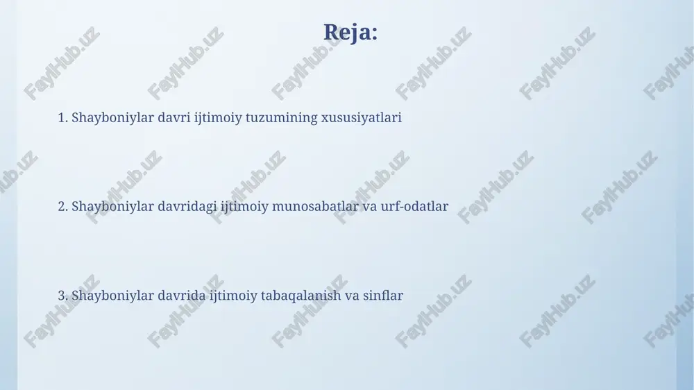 birgalikda qo‘llanilgan. qonunbuzarliklar uchun jazo choralari, aybning ogʻirligiga qarab, pul jarimadan o‘lim jazosini qo‘llashgacha, 5 darajali tizim asosida belgilangan. iqtisodiyot va ijtimoiy tengsizlik shayboniylar davrida dehqonlarning aksariyati (taxminan 50%) qattiq qashshoqlikda yashagan va ularning ijtimoiy himoyasi juda zaif edi, soliqlarning og‘irligi esa ularning ahvolini yanada yomonlashtirgan. hunarmandlar va savdogarlar sinfi o‘rtacha daromadga ega bo‘lib, 30-40% aholini tashkil qilgan, ammo ularning ijtimoiy mavqei yuqori emas edi. shayboniylar davridagi ijtimoiy o‘zgarishlar shayboniylar davrida, ayniqsa, dehqonlarning ijtimoiy ahvoli ogʻirlashdi, soliqlarning ortishi va doimiy reydlar ularning iqtisodiy ahvolini sezilarli darajada yomonlashtirdi. davlat boshqaruvida shayboniylar davrida turli qabilalar vakillarining ta’siri sezilarli darajada oshdi, bu esa feodal tartibsizliklarga va siyosiy beqarorlikka olib keldi. ayollarning ijtimoiy mavqei shayboniylar davrida ayollar, garchi erkaklar hukmronligi mavjud bo'lsa-da, mulk egaligi huquqiga ega bo'lib, ba'zi hollarda 1/3 qadar meros olishgan. ba'zi manbalarga ko'ra, shayboniylar davrida ayollar ta'lim olish imkoniyatiga ega bo'lib, diniy bilimlarni o'rganish holatlari kuzatilgan. ta’lim va madaniyatning ijtimoiy roli …