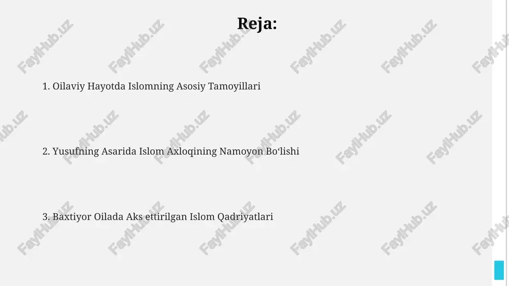 larga asoslangan. er va xotin munosabatlarida islomiy tamoyillar baxtiyor oilada er va xotin munosabatlarini mustahkamlashda 5 ta asosiy islom tamoyili, jumladan, mehr-oqibat, hurmat, ishonch, sabr-toqat va mas'uliyatlilik kabi tushunchalar ta'kidlanadi. kitobda erkakning oila boshlig'i sifatidagi 3 ta asosiy vazifasi (ta'minlash, himoya qilish va tarbiyalash) va xotinning 2 ta asosiy vazifasi (uy bekaligi va farzand tarbiyasi) islom qarashlariga asoslanib bayon etiladi. "baxtiyor oila"da nikohdagi kelishmovchiliklarni hal qilishning 7 bosqichi, islom huquqiy manbalariga tayangan holda, muloqot, kechirimlilik va maslahatlashuv kabi usullar orqali batafsil ko'rsatiladi. oilaviy hayotdagi islomiy qadriyatlar “baxtiyor oila”da, oilaviy muammolarni hal qilishda 3 bosqichli strategiya – muloqot, kechirim va duo – islomning tinchlik va bag‘rikenglik tamoyillariga asoslangan holda taklif etiladi. kitobda 7 ta asosiy islom axloqiy qoidasi, jumladan, mehr-oqibat, sabr-toqat, halollik va adolatlilik kabi tushunchalar oilaviy hayotga qo‘llanilishi bo‘yicha amaliy maslahatlar keltirilgan. “baxtiyor oila”da oila a’zolarining 5 ta asosiy huquq va majburiyatlarini, islom shariatiga muvofiq tarzda, batafsil bayon qilinadi, bu …