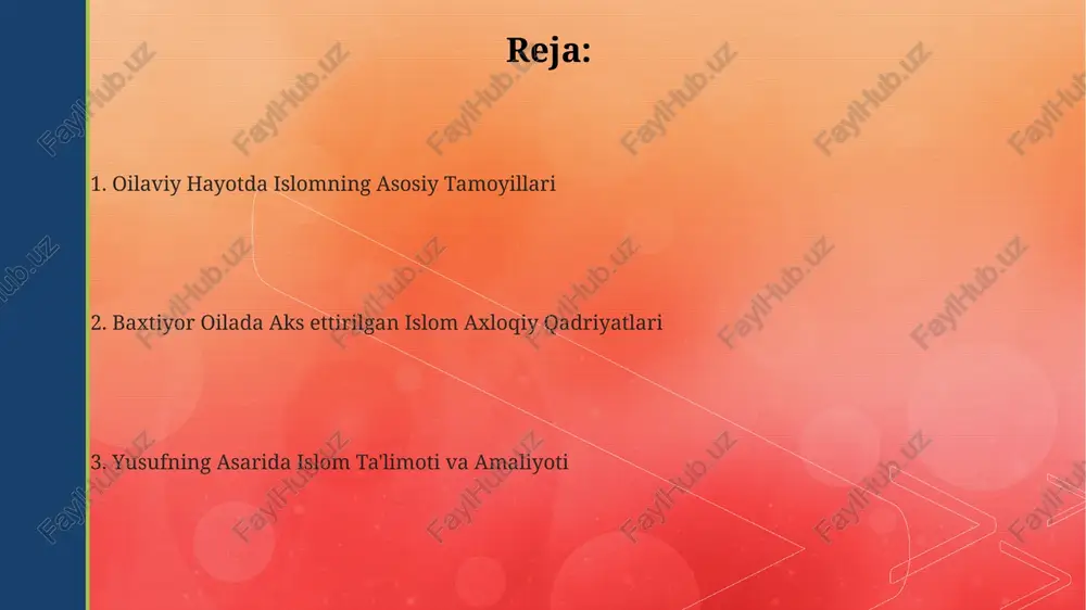 ” asarida er-xotin munosabatlariga 5 ta asosiy tamoyil, jumladan, mehr-oqibat, hurmat, sabr-toqat, o'zaro yordam va mas'uliyat hissini kuchaytirishga alohida e'tibor qaratiladi. islomdagi ta'lim-tarbiya va baxtiyor oilada “baxtiyor oila”da 5 ta asosiy islom axloqiy qadriyatlari – taqvo, sabr-toqat, mehr-oqibat, halollik va adolat asosida mustahkam oila qurishga urg‘u beriladi. “baxtiyor oila”da islom ta'limotiga muvofiq, oiladagi muammolarni hal qilishning 3 ta samarali usuli – muhokamadan, kechirimlilikdan va o‘zaro hurmatdan foydalanish tavsiya etiladi. kitobda 7 ta bobda oilaviy munosabatlarning muhim jihatlari, jumladan, er-xotin munosabatlari, farzand tarbiyasi va qaynonalar bilan munosabatlar islom qonun-qoidalari asosida batafsil bayon etilgan. oilaviy hayotda islom qadriyatlarining ahamiyati oilaviy hayotda islom qadriyatlarining ahamiyati – masalan, taqvodorlik, halollik va poklik kabi – kamida 20 yillik baxtli turmush uchun zaruriy shart sifatida ko'rsatilib, oila a’zolarining ruhiy va ma’naviy kamol topishiga ta’sir ko’rsatadi. baxtiyor oilada 5 ta asosiy islom qadriyatlari – mehr-oqibat, hurmat, sabr-toqat, adolat va mas’uliyat – oilaviy baxtning mustahkam poydevorini tashkil etadi, …