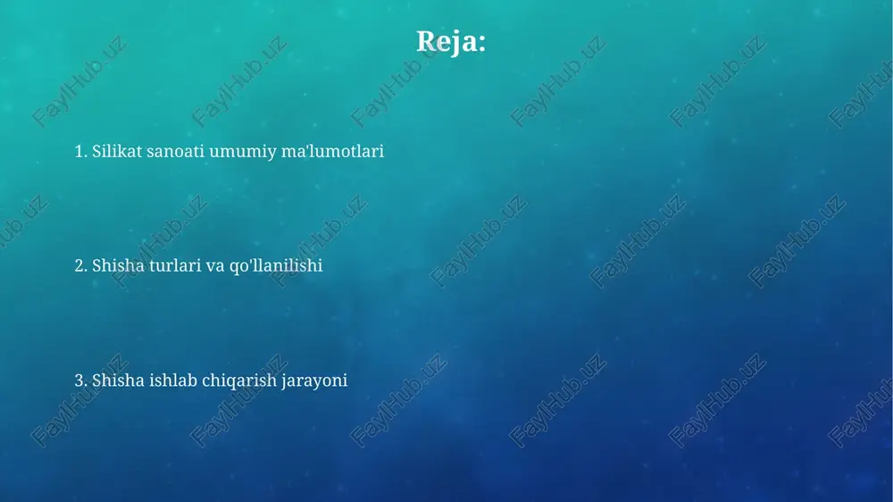 avoga zararli moddalar, masalan, so2 va nox emissiyasini 90% gacha kamaytirib, atrof-muhitni muhofaza qilishga yordam beradi. shisha ishlab chiqarishda energiya sarfini 15-20% ga kamaytirish uchun zamonaviy energiya tejaydigan pechlardan foydalanish ekologik izni sezilarli darajada pasaytiradi. xom ashyo va ularning xususiyatlari dolomit (camg(co3)2) shishaning kimyoviy barqarorligini oshiradi va uning issiqlikka chidamliligini yaxshilaydi, taxminan 5-15% miqdorida qo‘shiladi. kvarts qumi, asosiy xom ashyo hisoblanib, tarkibida 98% dan ortiq sio2 bo‘lishi kerak va uning donalari o‘lchami 0,1-0,5 mm oralig‘ida bo‘lishi maqsadga muvofiqdir. shakl berish usullari shisha buyumlarini shakllantirishda quyma usul 1000-1500°c haroratda suyuq shisha massasini maxsus qolipga quyish orqali amalga oshiriladi va so'ngra asta-sekin sovutiladi. centrifugal shakllantirish usulida suyuq shisha aylanuvchi qolipga quyiladi va markazdan qochma kuch ta'siri ostida qolip devorlariga teng ravishda taqsimlanadi, bu usul silindrsimon shakldagi buyumlarni ishlab chiqarishda qo'llaniladi. eritish jarayoni va temperatura rejimi eritilgan xom-ashyoning viskoziteti 1300-1600°c temperaturada ishlab chiqarish jarayonining muhim parametri hisoblanib, bu uning shakllanishi va sifatiga ta'sir …