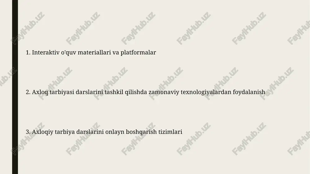 y rivojlanishini kuzatish uchun 5 balldan iborat shkala yoki rubriklardan foydalanishi mumkin, bu esa o'qituvchilarga o'quv jarayonini ob'ektiv baholash imkonini beradi. onlayn platformalar orqali o'quvchilarning axloqiy xulq-atvorini kuzatish va tahlil qilish uchun 20% gacha bo'lgan vaqtni tejashga yordam beradigan avtomatlashtirilgan monitoring tizimlarini joriy etish mumkin. axloq tarbiyasi darslarini tashkil etishda texnologiyalarni qo'llashning samaradorligini baholash axloq tarbiyasi darslarida interfaol o'yinlardan foydalanish o'quvchilarning faol ishtiroki darajasini 20-30% ga oshirdi va bilim o'zlashtirish samaradorligini 15% ga yaxshiladi. o'quvchilarning axloqiy rivojlanishini baholash uchun savollar, testlar va loyihalarni qo'llash orqali ob’ektiv natijalarni olish va individual yondashuvni ta’minlash mumkin bo'ldi. simulyatsiya va o'yinlar orqali axloqiy tarbiya roll-playing usulida o'tkaziladigan simulyatsiyalar, o'quvchilarga 10 ta turli vaziyatda axloqiy tanlovlarni qilish va oqibatlarini tahlil qilish imkonini beradi. o'yin texnologiyalari, jumladan, interaktiv o'yinlar, axloqiy tushunchalarni o'zlashtirish darajasini 20% ga oshiradi va o'quv jarayonini qiziqarli qiladi. virtual va kengaytirilgan haqiqat texnologiyalari virtual haqiqat (vr) texnologiyasi yordamida talabalar turli axloqiy dilemmani o'zlashtirish …