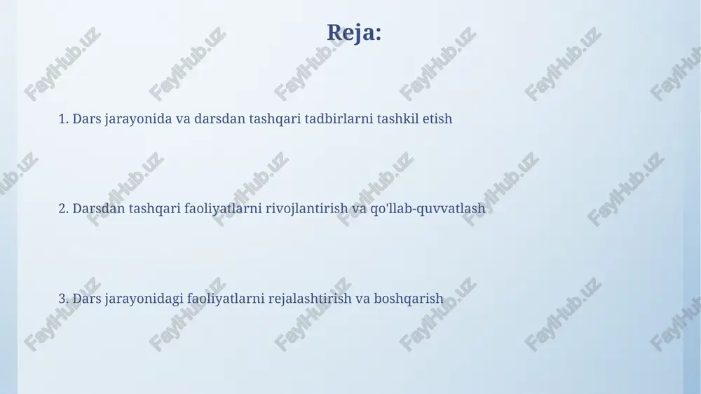 ni kuzatish samaradorligini oshiradi. oʻquvchilarning qiziqishlarini hisobga olish oʻquvchilarning 70% dan ortigʻi qiziqishini aniqlash uchun soʻrovnomalar, intervyular va kuzatishlar kabi kamida 3 ta turli usuldan foydalanish samarali natijalar beradi. har bir sinf yoki guruh uchun kamida 2 ta turli xil qiziqishga mos keladigan faoliyatlarni taklif qilish, qatnashni oshirish va motivatsiyani kuchaytirishga yordam beradi. baholash va monitoring baholash jarayonida kamida 3 ta mezon (masalan, ishtirok, sifat, natija) qo‘llanilishi va har bir mezon bo‘yicha ballar yig‘indisining aniq hisob-kitobi muhim ahamiyatga ega. monitoring jarayoni haftalik, oylik va yillik hisobotlar shaklida amalga oshirilishi, shuningdek, kamida 10% talabalarning faoliyatini kuzatish orqali baholanishi lozim. muvaffaqiyatli tadbirlarning misollar "mohir dasturchilar" nomli 20 nafar o'quvchidan iborat komanda, xalqaro dasturlash olimpiadasida 5-o'rinni egallab, yuqori natijalarga erishdi. maktabning "yashil maktab" tashabbusi doirasida 2 oy ichida 500 dan ortiq daraxt ekildi va atrof-muhitni muhofaza qilish bo'yicha 10 ta seminar o'tkazildi. pedagogik texnologiyalarni qoʻllash qo‘llaniladigan pedagogik texnologiyalar, xususan, loyiha usuli va hamkorlikda …