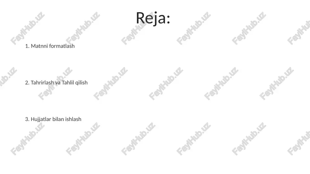 r mustaqil formatlash va sahifa tartibini ta'minlaydi. please provide the text you want me to translate to uzbek in latin script. i need the text to be able to translate it katta hajmdagi matnlarni tahrirlashda "topish va almashtirish" kabi xususiyatlardan samarali foydalaning. pochta birlashtirish bilan ishlash rasm va klip san'ati matn bilan ishlash: font, o'lcham, hizalama va bo'shliqni o'zgartirish uchun formatlash vositalaridan foydalaning. matn bilan ishlash: ro'yxatlar, jadvallar yarating va matnni yaxshilash uchun "topish va almashtirish" kabi xususiyatlardan foydalaning. hamkorlik va ulashish o'zgarishlarni kuzatib borish va samarali fikr-mulohaza berish. hujjatlarni ko'rib chiqish va tahrirlash uchun osongina baham ko'ring. ilg'or matn formatlash jadvallar va ustunlar bilan tashkil topgan tarkib bilan ishlash maxsus effektlarni qo'shish, masalan, drop caps va chegaralar uslublar va shablonlardan foydalanish. hujjat ko'rinishini bir xil qilish uchun oldindan tayyorlangan formatlashni uslublar yordamida qo'llang. brendingiz yoki loyiha talablariga mos ravishda uslublarni sozlang. grafiklarni yaratish va tahrirlash grafik elementlarini, masalan, ranglarni, …