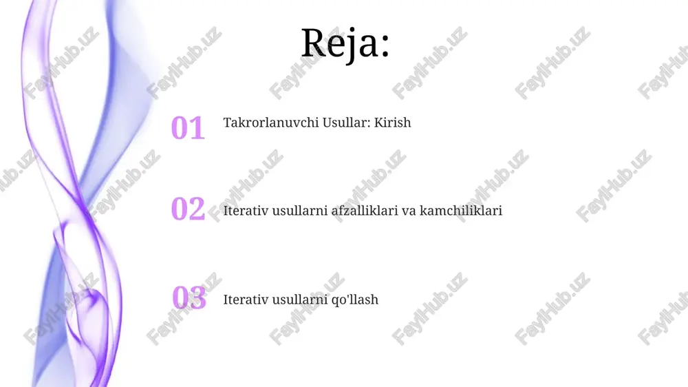 b muammolarni hal qilishda qoʻllaniladi. monte karlo metodlar ko'pincha analitik yechimlar topish qiyin yoki mumkin bo'lmagan hollarda qo'llaniladi. bu algoritmlar murakkab muammolarga echimlarni baholash uchun tasodifiy namunalarni ishlatadi. gradiyent tushish maqsad xarajat funktsiyasining minimal nuqtasini topishdir. ushbu algoritm xarajat funksiyasining eng tik pasayish yo'nalishi bo'yicha parametrni takroran yangilaydi. nima uchun takroriy usullarni ishlatish kerak? iterativ usullar aniq yechim topish qiyin yoki mumkin bo'lmagan hollarda foydali. iterativ usullar katta muammolar uchun samarali. kundalik hayotda takroriy muammo hal qilish 01 02 takrorlanuvchi usullar yechimga erishish uchun yaqinlashtirishni takroran takomillashtirishni o'z ichiga oladi. eng yaxshi yo'lni topish, byudjetlash va yangi ko'nikmalarni o'rganish kabi. sales 1st qtr 2nd qtr 100 0 sales 1st qtr 2nd qtr 100 0 iterativ usullar muammolari yuqori aniqlikka erishish ko'p marta takrorlashni talab qilishi mumkin, bu esa hisoblash xarajatlariga olib keladi. amalga oshirish: takroriy usullarni samarali amalga oshirish qiyin bo'lishi mumkin, bu algoritmni loyihalash va hisoblash resurslarini diqqat bilan …
