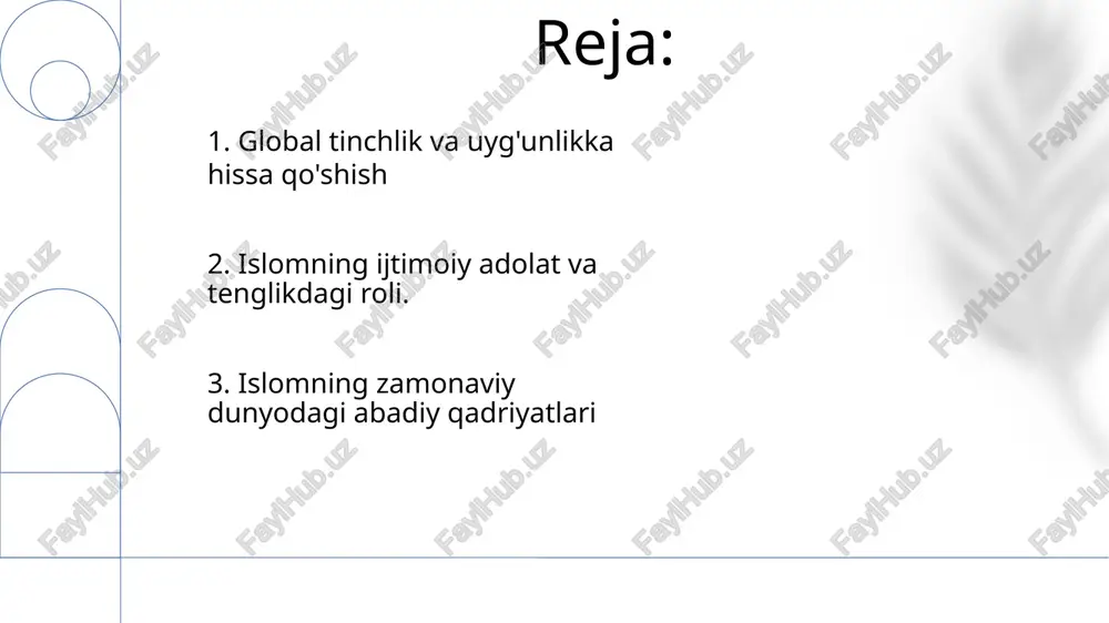 ayotgan dunyoda, islom axloqiy hayot va ijtimoiy islohotlar uchun vaqtsiz ramka taklif qiladi. 6. islomning ijtimoiy adolat va tenglikka e'tibori. islom ta'limi ma'naviy o'sishni, axloqiy qadriyatlarni va intellektual rivojlanishni rag'batlantiradi. islom to'liq hayot kechirish, tinchlik, adolat va rahm-shafqatni targ'ib qilish uchun yo'l-yo'riq beradi. islomni tushunish dinlararo muloqotni rivojlantirish va kamsitishga qarshi kurashish uchun juda muhim. 7. islom ta'limi ahamiyati e'tiboringiz uchun rahmat @taqdimot_robot image1.png image2.png image3.png image4.png image5.png image6.png image7.png image8.png