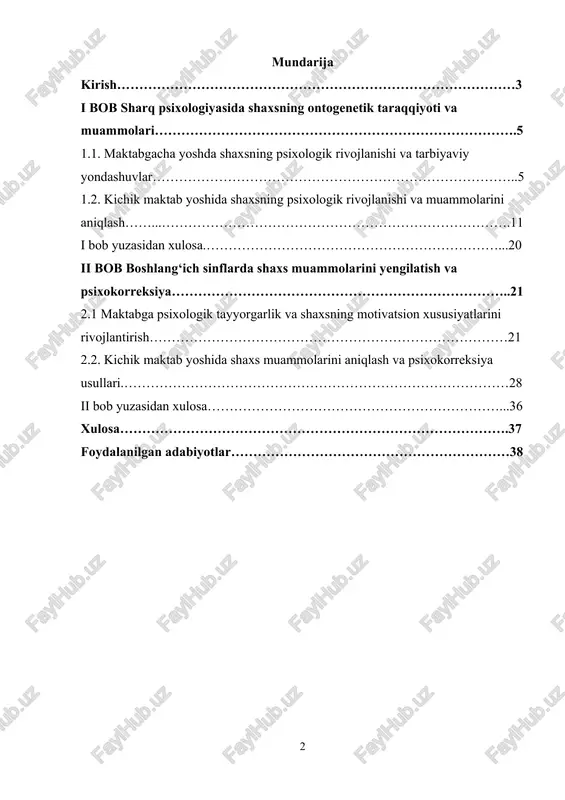 k taraqqiyot va madaniy o‘zgarishlar shaxsning psixologik xususiyatlarini yangidan shakllantirishga majbur qiladi. shu bilan birga, maktabgacha va boshlang‘ich yoshdagi bolalar psixologik rivojlanish jarayonida turli qiyinchiliklar va muammolarga duch keladi. shaxsning ichki dunyosi, ijtimoiy qoidalarni qabul qilishi va boshqalar bilan munosabatlarni o‘rnatishi kabi jihatlar sharq psixologiyasida alohida o‘rganilgan. shu sababli, shaxs muammolarini aniqlash, ularni korreksiya qilish va psixoprofilaktik tadbirlarni ishlab chiqish bugungi kunda nafaqat psixologlar, balki pedagoglar va psixoprofessiyalar uchun ham dolzarb vazifa hisoblanadi. bundan tashqari, sharq psixologiyasi shaxsni butun bir kompleks sifatida ko‘rib, uning ruhiy, emotsional va ijtimoiy jihatlarini birlashtiradi. shu orqali shaxs muammolarini oldini olish, ularning salbiy oqibatlarini kamaytirish va bolalarning ijtimoiy rivojlanishini qo‘llab-quvvatlash imkoniyati yaratiladi. bu esa mavzuning nafaqat ilmiy, balki amaliy ahamiyatini yanada oshiradi va uni zamonaviy psixologik tadqiqotlar uchun dolzarb qiladi. kurs ishining maqsadi: sharq psixologiyasi nuqtai nazaridan shaxsning psixologik rivojlanishi, muammolari va ularni korreksiya qilish hamda psixoprofilaktikasi jarayonlarini ilmiy asosda o‘rganishdir. kurs ishining vazifalari: • …