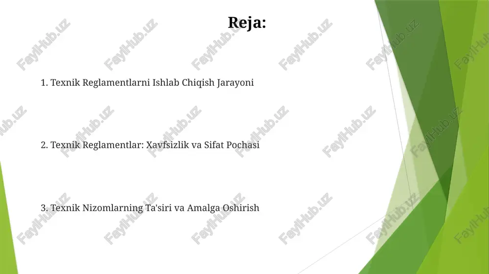 tirilganligini ta'minlaydi. texnik reglamentlarni belgilash texnik reglamentlar mahsulot yoki xizmatlar uchun majburiy qoidalardir. ular xavfsizlik, ishlash yoki atrof-muhitni muhofaza qilish uchun aniq talablarni belgilaydilar. texnik nizomlarning maqsadi adolatli raqobatni rivojlantirish va savdo-sotiqni osonlashtirish. xavfsizlikni, salomatlikni va atrof-muhitni himoya qilishni ta'minlash uchun. standartlarni ishlab chiqish texnik nizomlar mahsulotlar va jarayonlar uchun qonuniy talablar bo'lib, standartlarga muvofiqligini ta'minlaydi. standartlar va qoidalarni ishlab chiqishda manfaatdor tomonlar, mutaxassislar va davlat organlari bilan hamkorlik qilish zarur. texnik nizomlar turlari milliy vs. xalqaro mahsulotga xos vs. jarayonga xos e'tiboringiz uchun rahmat @taqdimot_robot image1.jpg image2.jpg image3.jpg image4.jpg image5.jpg image6.jpg image7.jpg image8.jpg image9.jpg image10.jpg image11.jpg