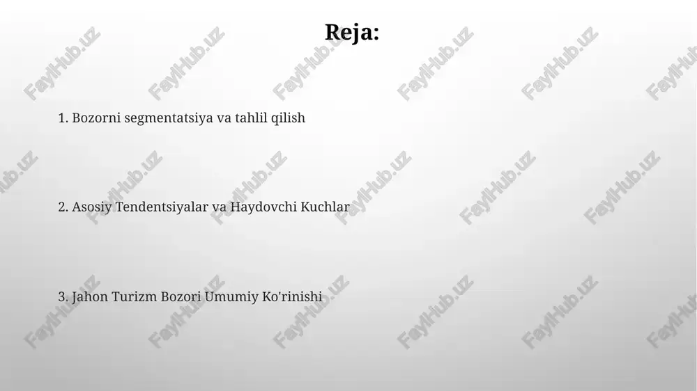 i tashuv, turar joy va tashrif buyuruvchilar tajribasi uchun muhim bo'lgan qo'llab-quvvatlovchi xizmatlarni o'z ichiga oladi. sayohat va mehmondo'stlik sanoati tendentsiyalari barqaror turizm: ekologik toza va mas'uliyatli sayohat tajribalariga talabning o'sishi. tajriba sayohati: haqiqiy va chuqur tajribalarni, jumladan sarguzasht, madaniy sho'ng'ish va mahalliy oshpazlikni izlovchi sayyohlar. yangi turizm joylari shaxsiylashtirilgan sayohat, sog'liqni saqlash turizmi va sarguzasht faoliyatiga talab ortib bormoqda. jahon turizm bozori tiklanmoqda, lekin iqlim o'zgarishi va geosiyosiy beqarorlik kabi qiyinchiliklarga duch kelmoqda. jahon turizm bozori umumiy ko'rinishi bozorning asosiy segmentlari quyidagilarni o'z ichiga oladi: turar joy, transport, oziq-ovqat va ichimliklar hamda diqqatga sazovor joylar. bozor o'sib borayotgan daromadlar, bo'sh vaqtning ko'payishi va o'rta sinfning o'sishi kabi omillar bilan boshqariladi. turizmning iqtisodiy ta'siri jahon turizm bozori xilma-xil bo'lib, turli o'sish omillari va qiyinchiliklarga ega. turizm katta daromad keltiradi, ish o'rinlari yaratadi va mahalliy bizneslarni qo'llab-quvvatlaydi. raqobat muhiti nodir va shaxsiy sayohat tajribalariga bo'lgan talabning ortishi, kompaniyalarni farqlanishga undaydi. har …