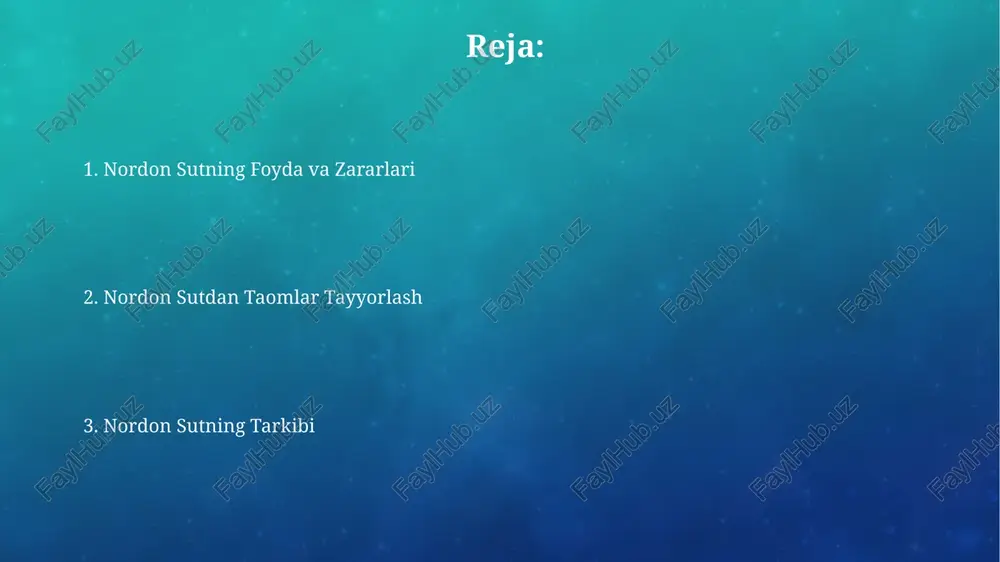 iyalar mavjud bo'lib, ular ichak mikroflorasini yaxshilaydi va immunitet tizimini mustahkamlaydi. achitilgan sut mahsulotlari, masalan, qatiq, kefir va ayron, kaltsiyning muhim manbai hisoblanadi, bu esa suyak salomatligi uchun juda muhimdir va suyak zichligini 5-10% ga oshirishi mumkin. achigan sutning zararli tomonlari achitgan sutda toksik moddalar, masalan, biogen aminlar (histamin, cadaverin) miqdori sezilarli darajada ortadi, bu esa allergik reaksiyalar va ovqat hazm qilish tizimi buzilishlariga sabab bo'lishi mumkin. achitgan sutning yomon hid va ta'mi, shuningdek, ph darajasining o'zgarishi (odatdagi 6,5 dan 4,5 gacha pasayishi) uning iste'mol qilishga yaroqli emasligini ko'rsatadi va ovqat zaharlanishiga olib kelishi mumkin. achigan sutning tarkibi achigan sutning tarkibida taxminan 87% suv, 3.5% yog', 3.5% oqsil va 5% laktoza (sut shakari) mavjud bo'lib, qolgan qismi minerallar va vitaminlardan iborat. achigan sut tarkibidagi oqsillar, ayniqsa kazein, denaturasiyalanib, sutning qalinlashuviga va yog' globullari koagulyatsiyasiga sabab bo'ladi, natijada xususiy tekstura hosil bo'ladi. e'tiboringiz uchun rahmat @taqdimot_robot image3.png image4.jpg image5.jpg image6.jpg image7.jpg …