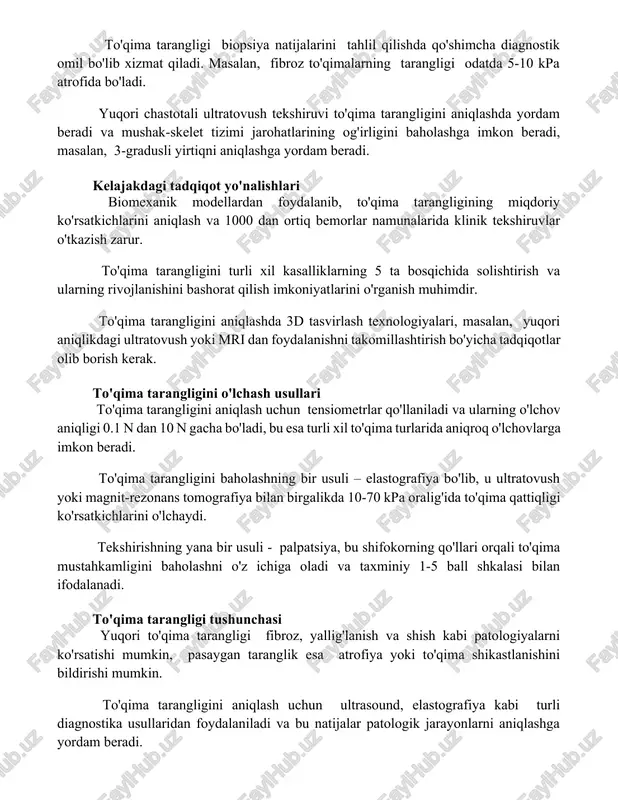 o'ladi. yuqori chastotali ultratovush tekshiruvi to'qima tarangligini aniqlashda yordam beradi va mushak-skelet tizimi jarohatlarining og'irligini baholashga imkon beradi, masalan, 3-gradusli yirtiqni aniqlashga yordam beradi. kelajakdagi tadqiqot yo'nalishlari biomexanik modellardan foydalanib, to'qima tarangligining miqdoriy ko'rsatkichlarini aniqlash va 1000 dan ortiq bemorlar namunalarida klinik tekshiruvlar o'tkazish zarur. to'qima tarangligini turli xil kasalliklarning 5 ta bosqichida solishtirish va ularning rivojlanishini bashorat qilish imkoniyatlarini o'rganish muhimdir. to'qima tarangligini aniqlashda 3d tasvirlash texnologiyalari, masalan, yuqori aniqlikdagi ultratovush yoki mri dan foydalanishni takomillashtirish bo'yicha tadqiqotlar olib borish kerak. to'qima tarangligini o'lchash usullari to'qima tarangligini aniqlash uchun tensiometrlar qo'llaniladi va ularning o'lchov aniqligi 0.1 n dan 10 n gacha bo'ladi, bu esa turli xil to'qima turlarida aniqroq o'lchovlarga imkon beradi. to'qima tarangligini baholashning bir usuli – elastografiya bo'lib, u ultratovush yoki magnit-rezonans tomografiya bilan birgalikda 10-70 kpa oralig'ida to'qima qattiqligi ko'rsatkichlarini o'lchaydi. tekshirishning yana bir usuli - palpatsiya, bu shifokorning qo'llari orqali to'qima mustahkamligini baholashni o'z ichiga …