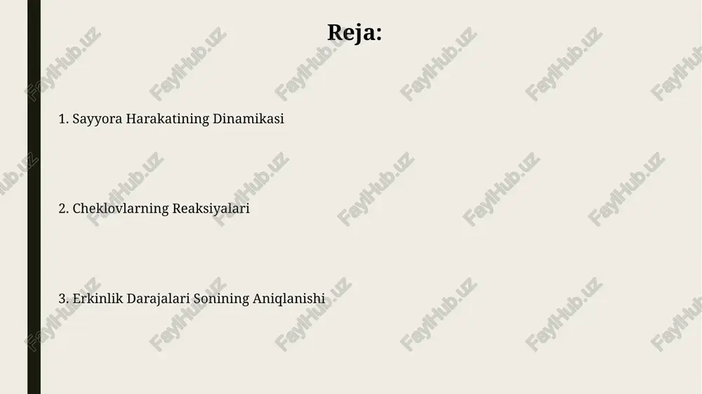 keltiruvchi 6 ta kuch komponentlarini (3 ta kuch va 3 ta moment) o'z ichiga oladi. bog'lanishlar soni 3 bo'lganda, tizimning erkinlik darajasi 3n - 3 ga kamayadi, bu yerda n – zarrachalar soni. kepler qonunlari keplerning birinchi qonuni sayyoralarning quyosh atrofidagi orbitasi ellips shaklida ekanligini va quyosh ellipsning ikki o'choq nuqtasidan birida joylashganligini tasdiqlaydi. uchinchi qonun esa sayyoraning orbital davrining kvadrati uning quyoshdan o'rtacha masofasining kubiga proporsional ekanligini, ya'ni t² ∝ a³ munosabatini ifodalaydi. reaksiyalarni hisoblash usullari holat tenglamalarining soni (m) va mustaqil koordinatalarning soni (n) orqali erkinlik darajasi (n-m) aniqlanadi, bu yerda kinematik bog'lanishlar sonini hisobga olish kerak. reaksiyalarni aniqlashda kuchlar uchburchagi yoki kuchlar ko'pburchagi kabi grafik usullarni qo'llash orqali 2d yoki 3d muhitlarda 3 dan ortiq reaktsiyalarni topish mumkin. tizimning erkinlik darajalarini aniqlash giperstatik tizimlar (bog'lanishlar soni erkinlik darajalaridan ko'p bo'lgan tizimlar) ortiqcha bog'lanishlarga ega bo'lib, bu esa tizimning mustahkamligini oshiradi, lekin statistika muammolari murakkablashadi; ularni tahlil qilish …